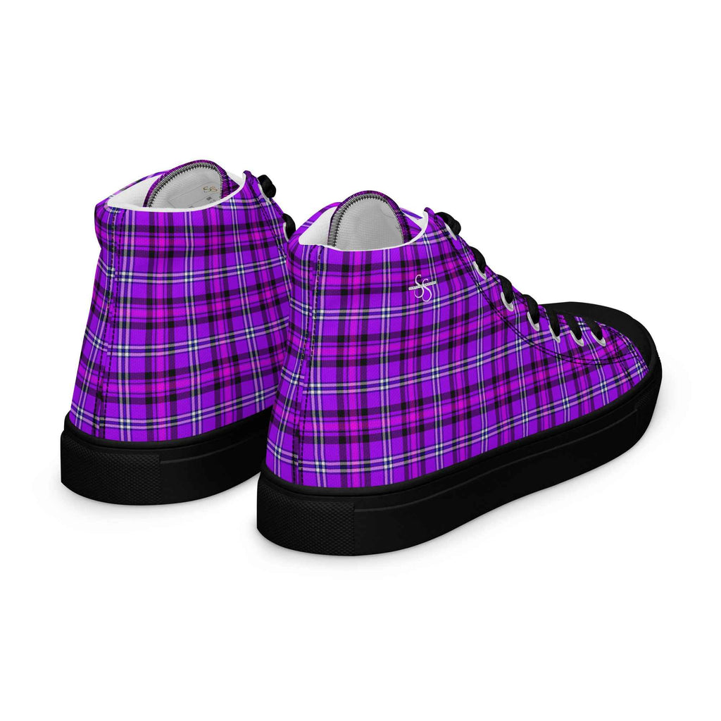 Men’s High Top Canvas Shoes Electric Violet and Fuchsia Plaid - Scottish Squares