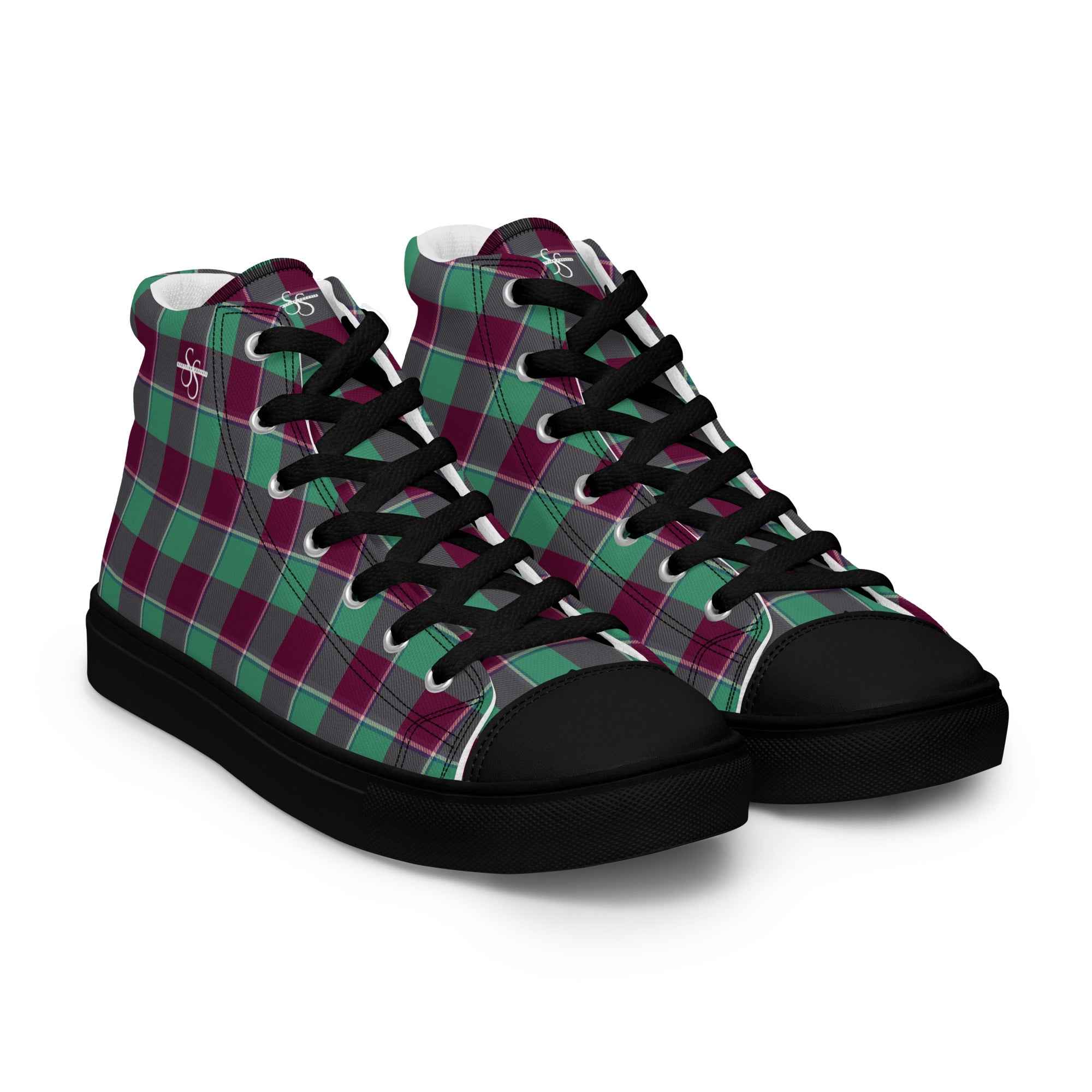 Men’s High Top Canvas Shoes Ocean Green and Mulberry Wood Plaid - Scottish Squares