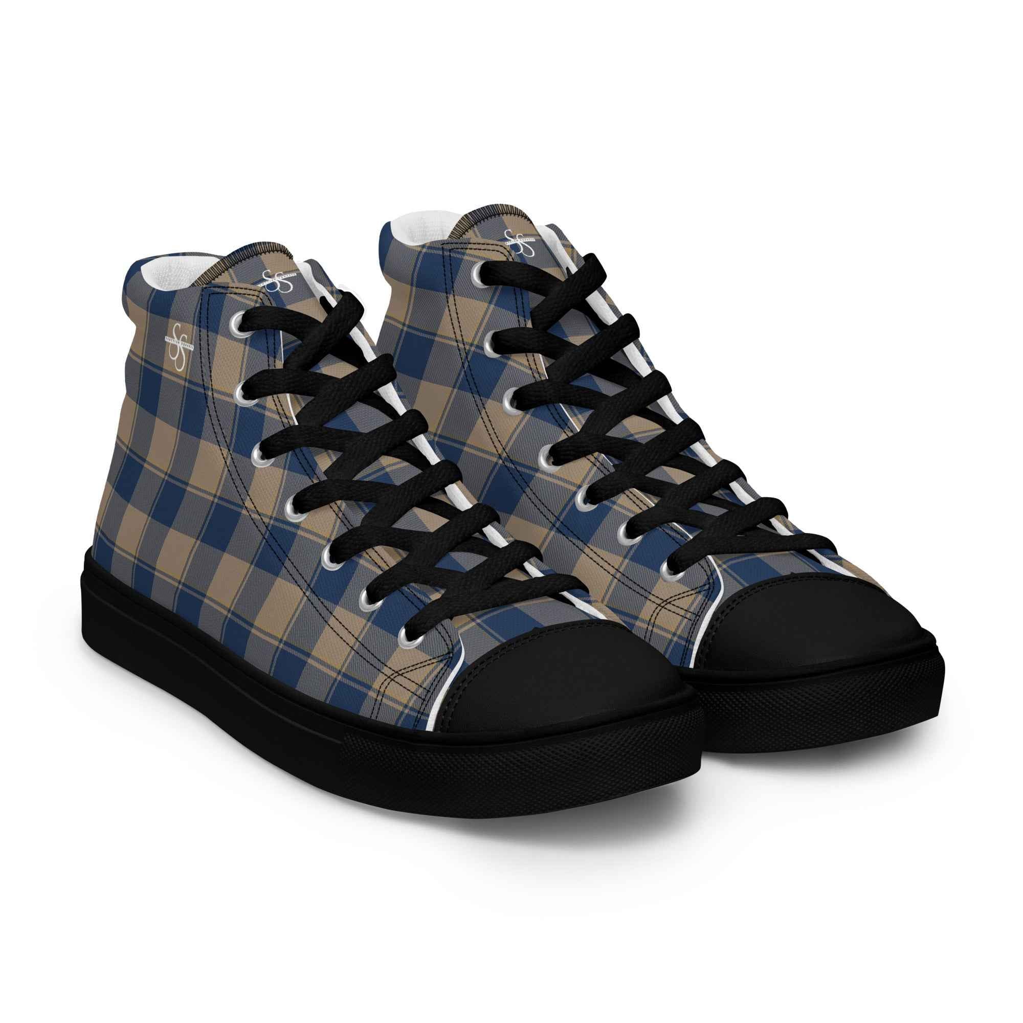 Men’s High Top Canvas Shoes Cello and Donkey Brown Plaid - Scottish Squares