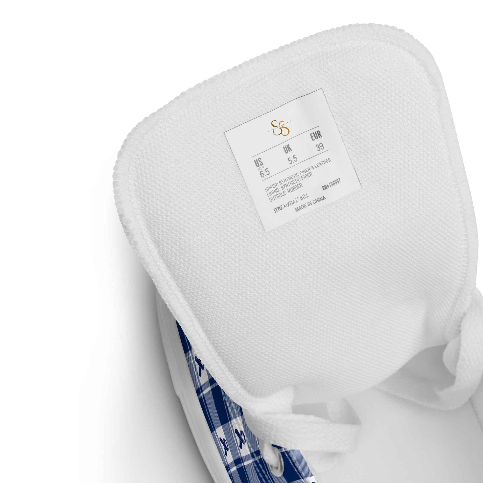 Men’s High Top Canvas Shoes Colorectal Cancer Awareness Plaid, Dark Blue Ribbon, Supportive Gift - Scottish Squares