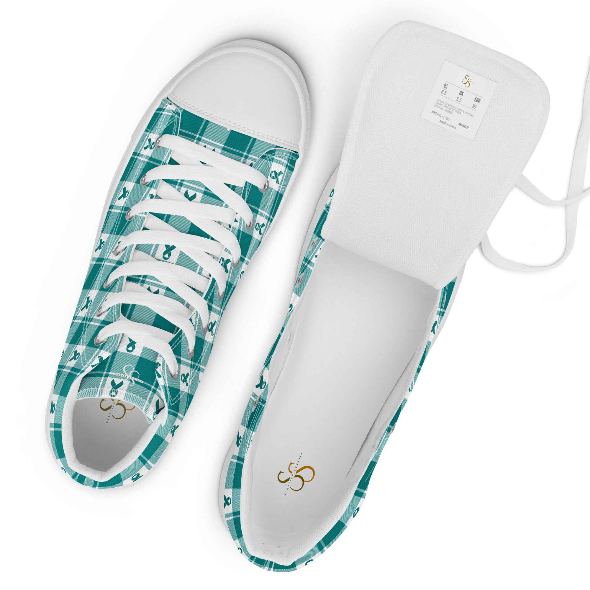 Men’s High Top Canvas Shoes Cervical Cancer Awareness Plaid, Teal Ribbon, Supportive Gift - Scottish Squares