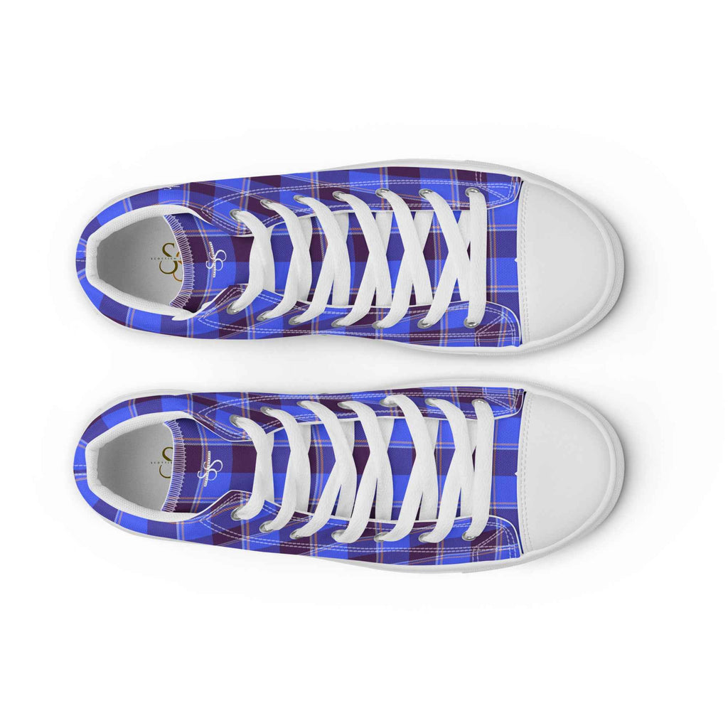 Men’s High Top Canvas Shoes Cornflower Blue and Livid Brown Plaid - Scottish Squares