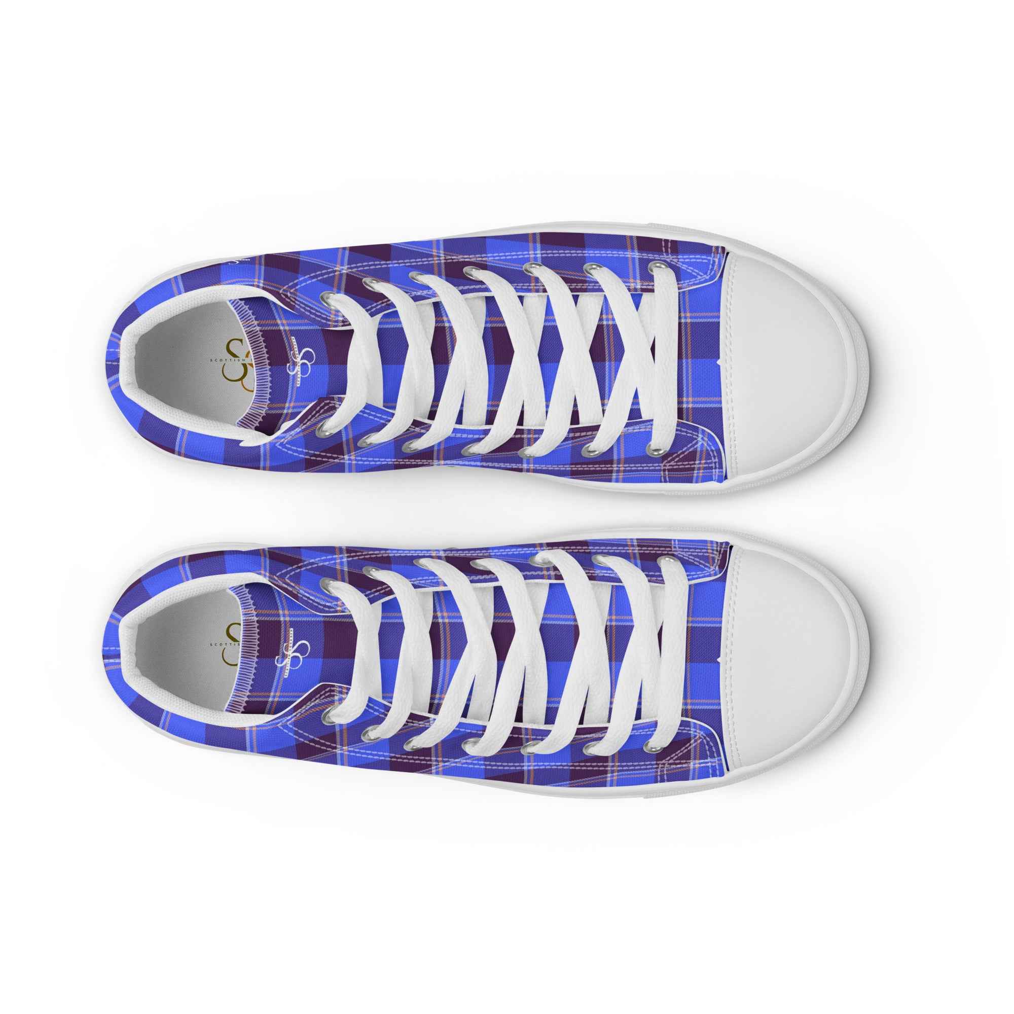 Men’s High Top Canvas Shoes Cornflower Blue and Livid Brown Plaid - Scottish Squares