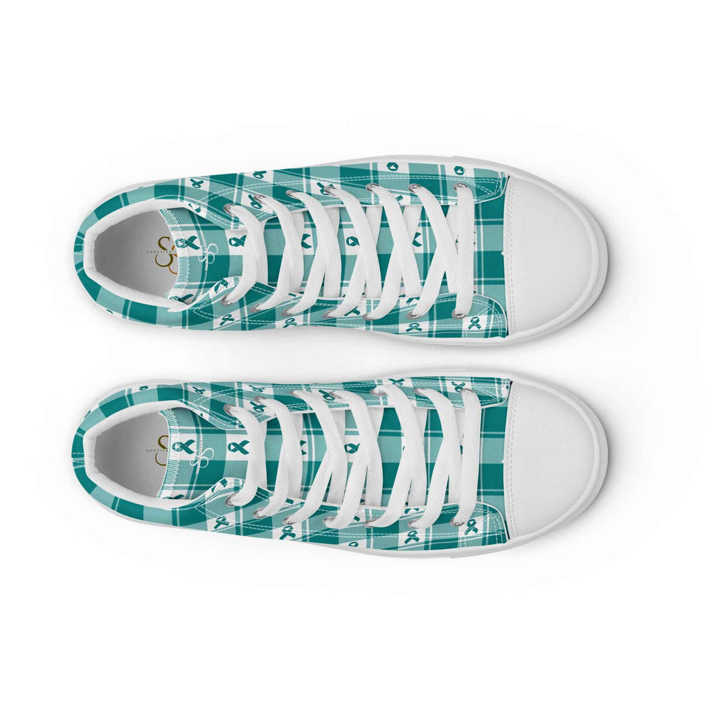 Men’s High Top Canvas Shoes Cervical Cancer Awareness Plaid, Teal Ribbon, Supportive Gift - Scottish Squares