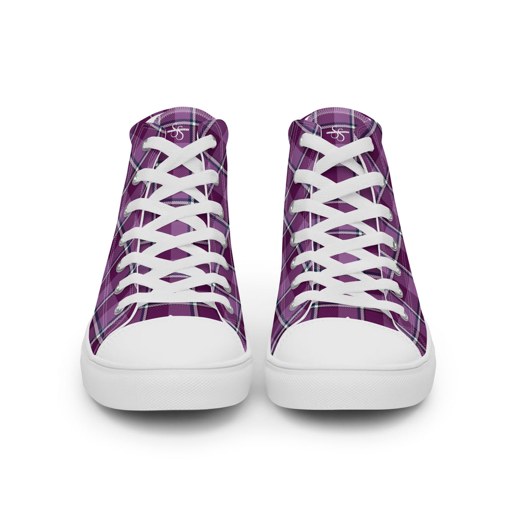 Men’s High Top Canvas Shoes Purple and Trendy Pink Plaid - Scottish Squares