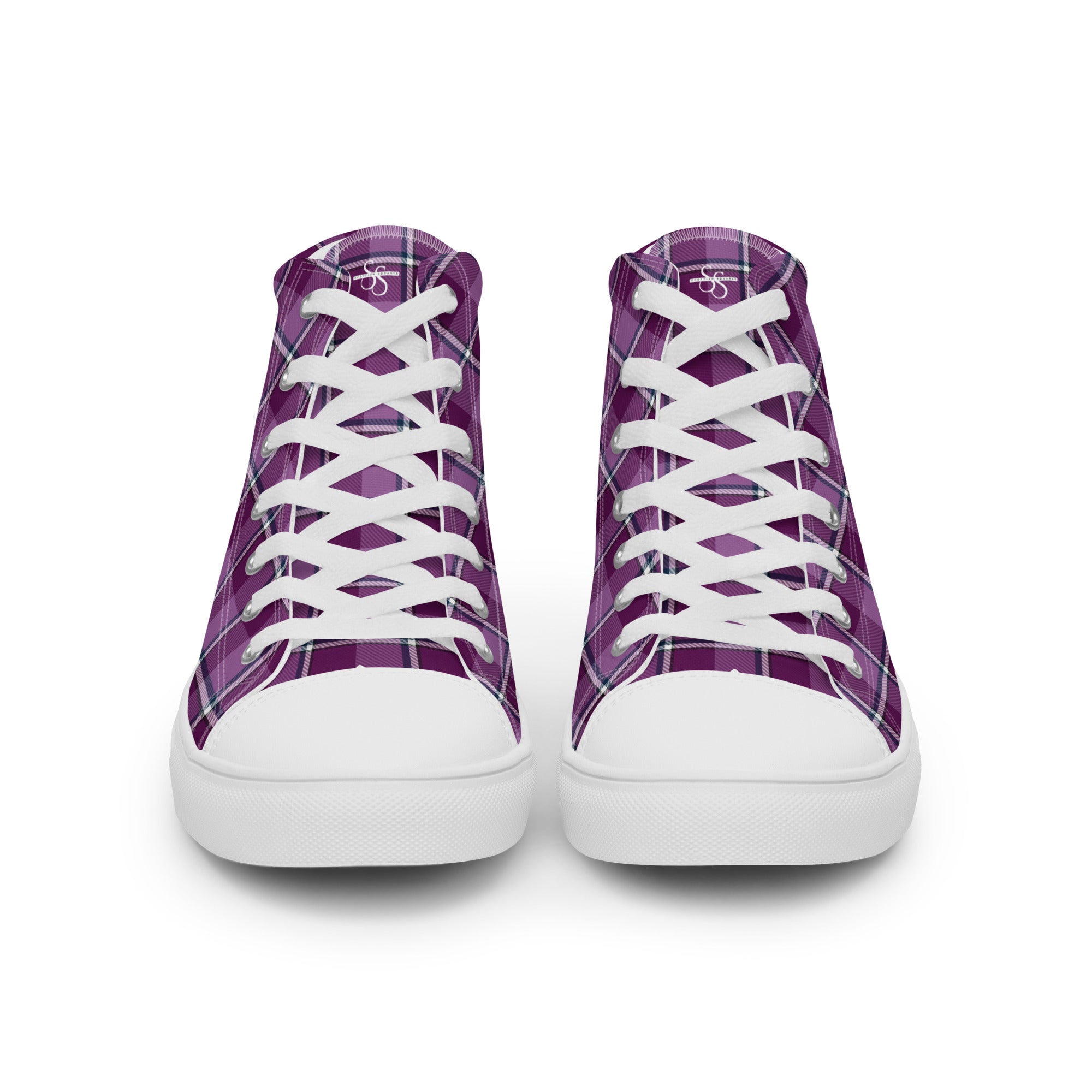 Men’s High Top Canvas Shoes Purple and Trendy Pink Plaid - Scottish Squares