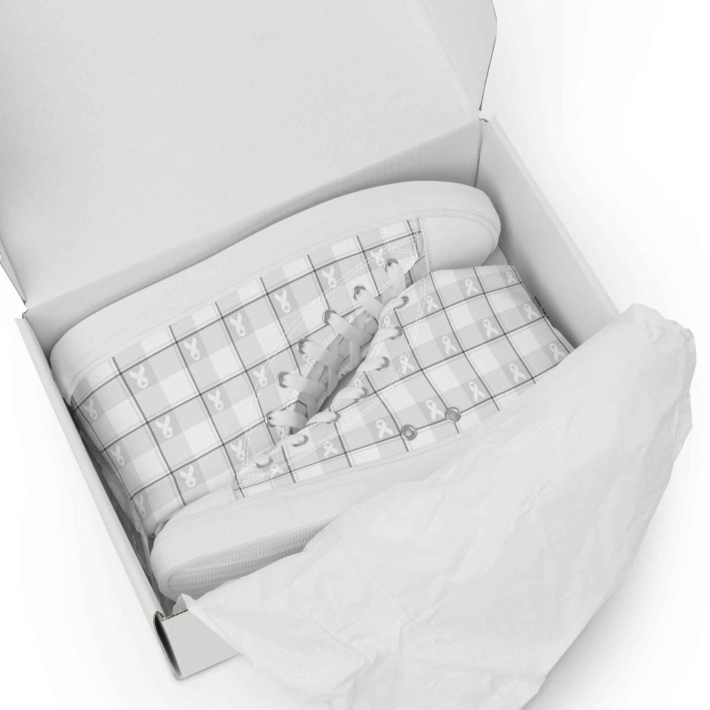 Men’s High Top Canvas Shoes Lung Cancer Awareness Plaid, White Ribbon, Supportive Gift - Scottish Squares