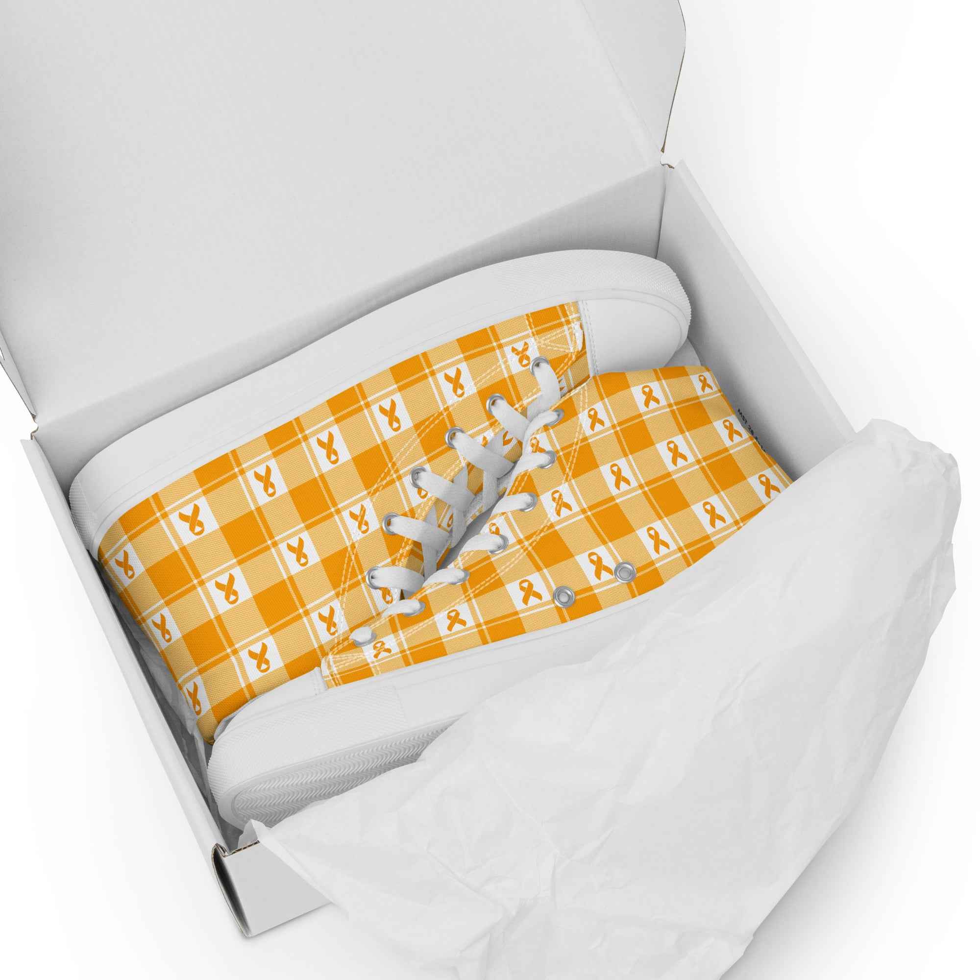 Men’s High Top Canvas Shoes Kidney Cancer Awareness Plaid, Orange Ribbon, Supportive Gift - Scottish Squares