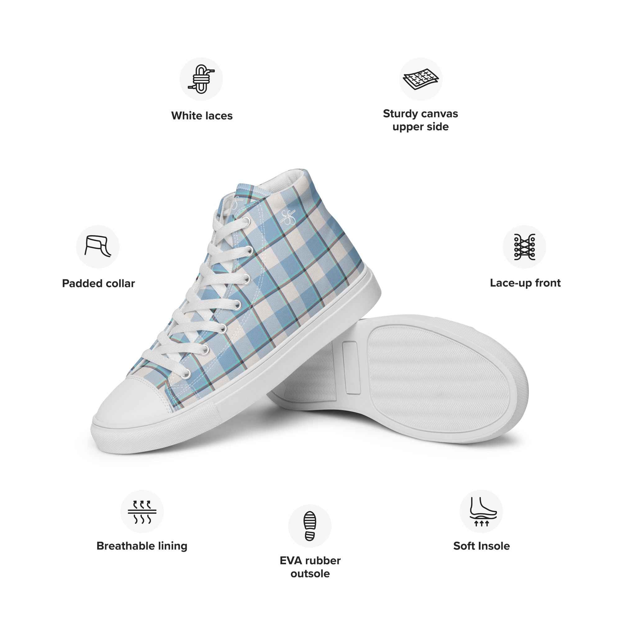 Men’s High Top Canvas Shoes Pink Cloud and Blue Lagoon Plaid - Scottish Squares