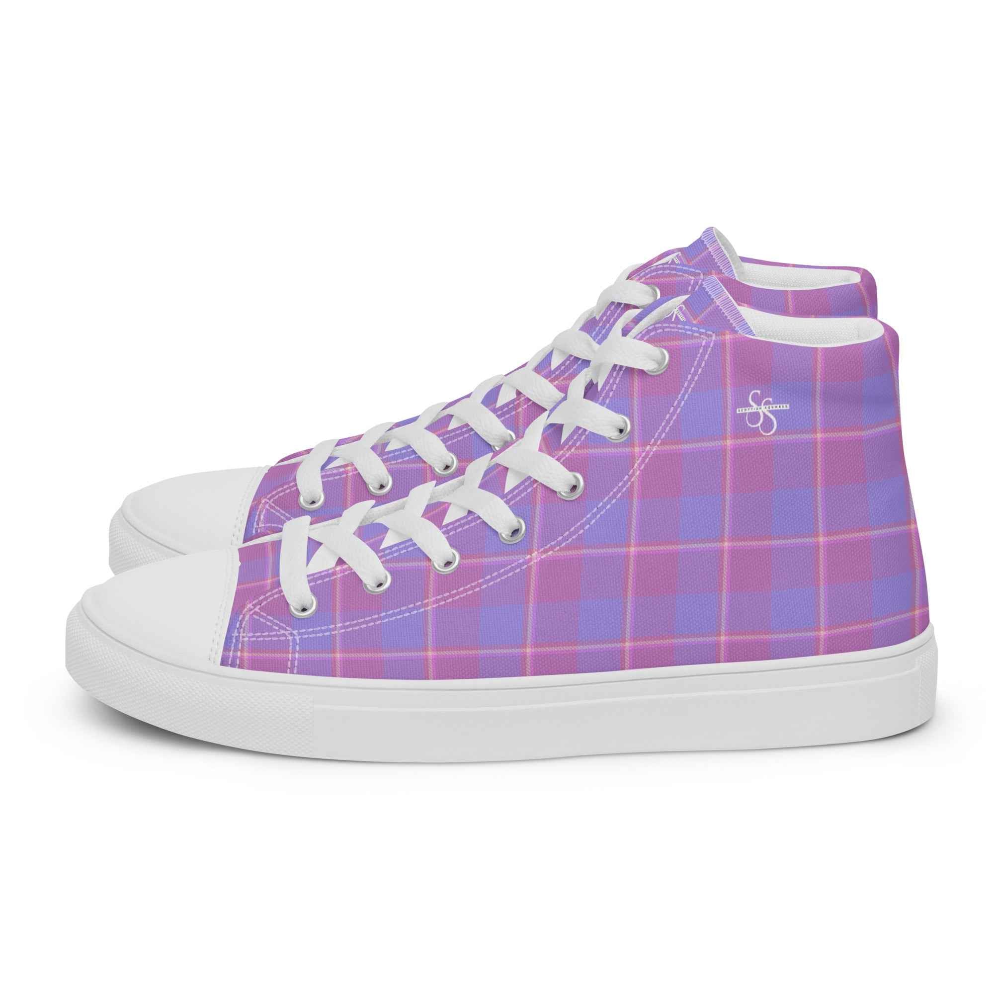 Men’s High Top Canvas Shoes Viola and Dull Lavender Plaid - Scottish Squares