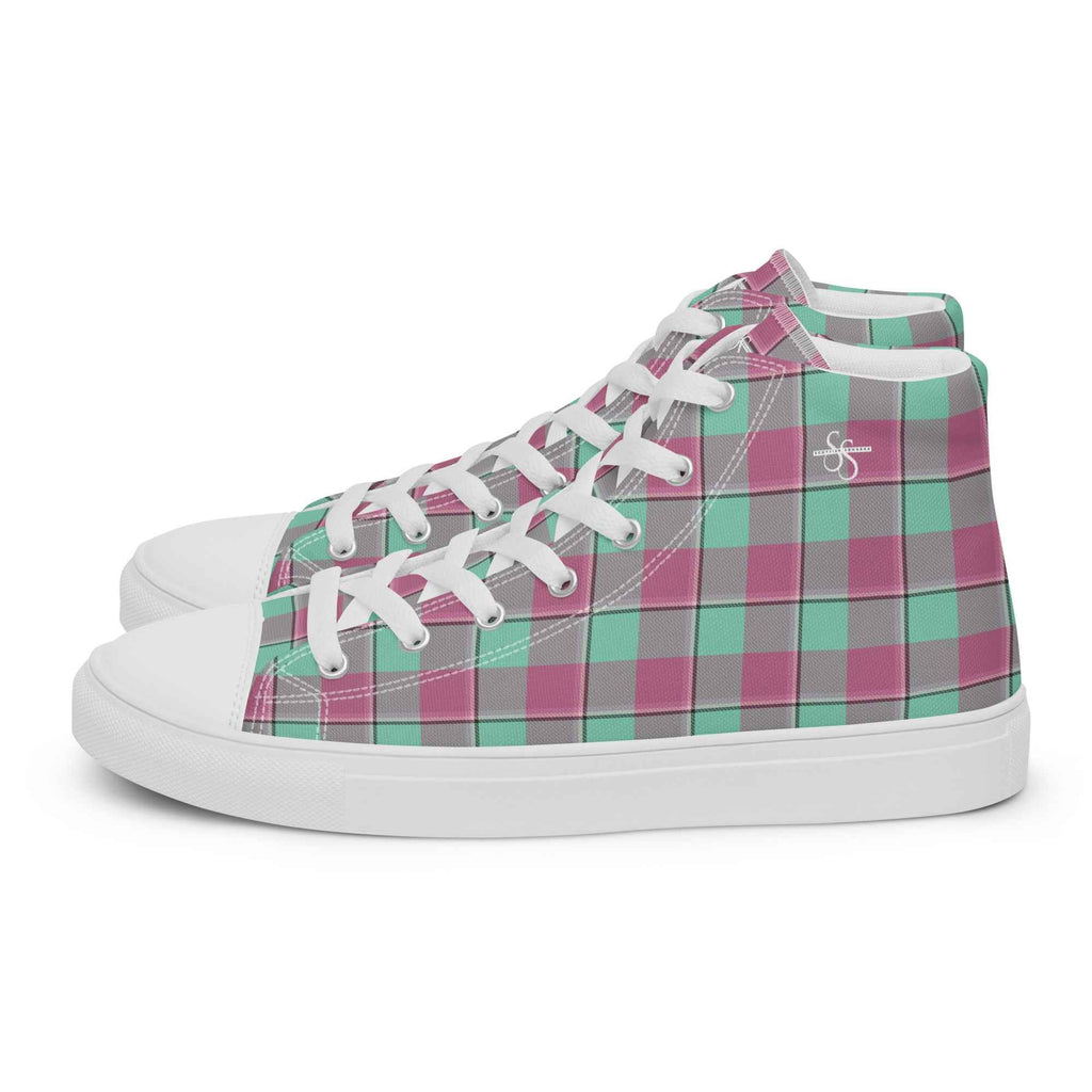 Men’s High Top Canvas Shoes Vista Blue and Turkish Rose Plaid - Scottish Squares