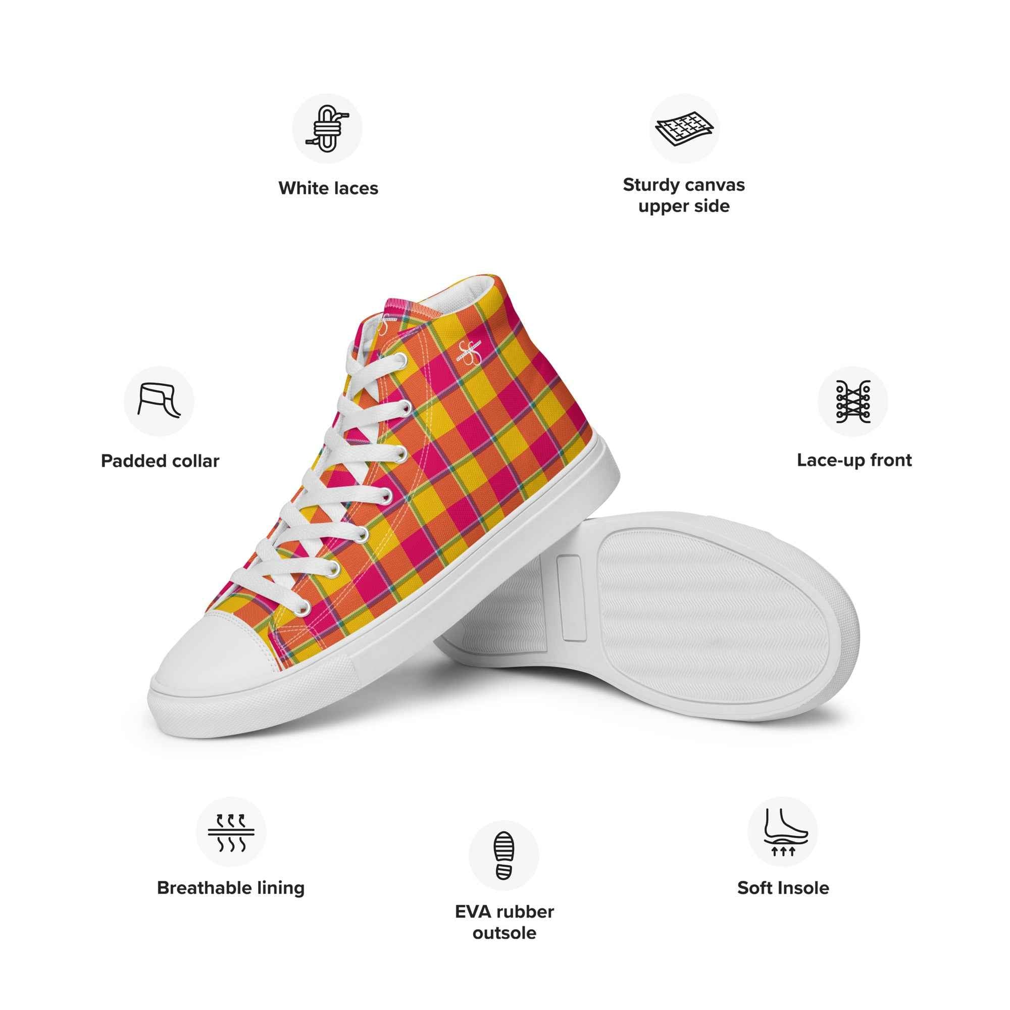 Men’s High Top Canvas Shoes Corn and Razzmatazz Plaid - Scottish Squares