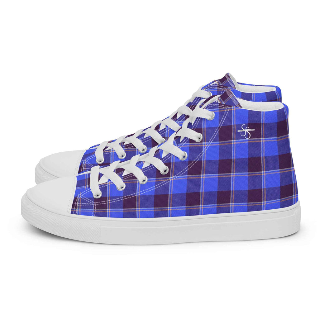 Men’s High Top Canvas Shoes Cornflower Blue and Livid Brown Plaid - Scottish Squares