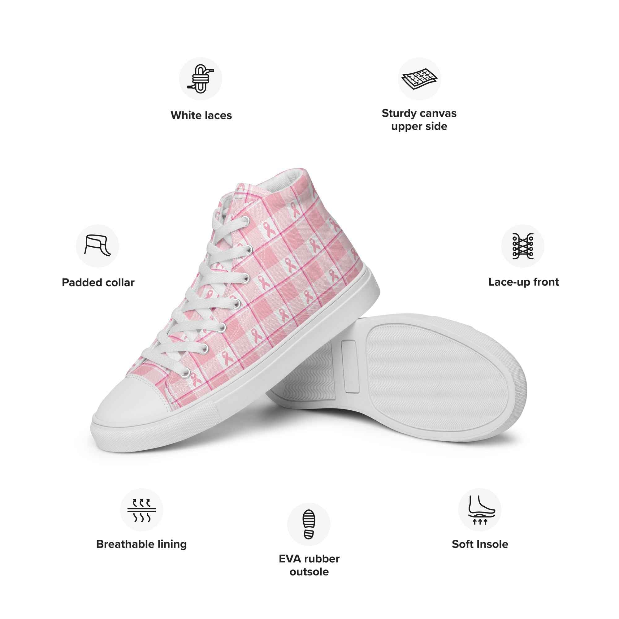 Men’s High Top Canvas Shoes Breast Cancer Awareness Plaid - Scottish Squares