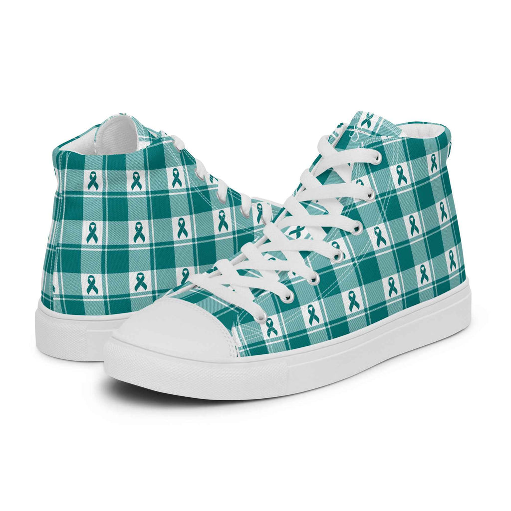 Men’s High Top Canvas Shoes Cervical Cancer Awareness Plaid, Teal Ribbon, Supportive Gift - Scottish Squares