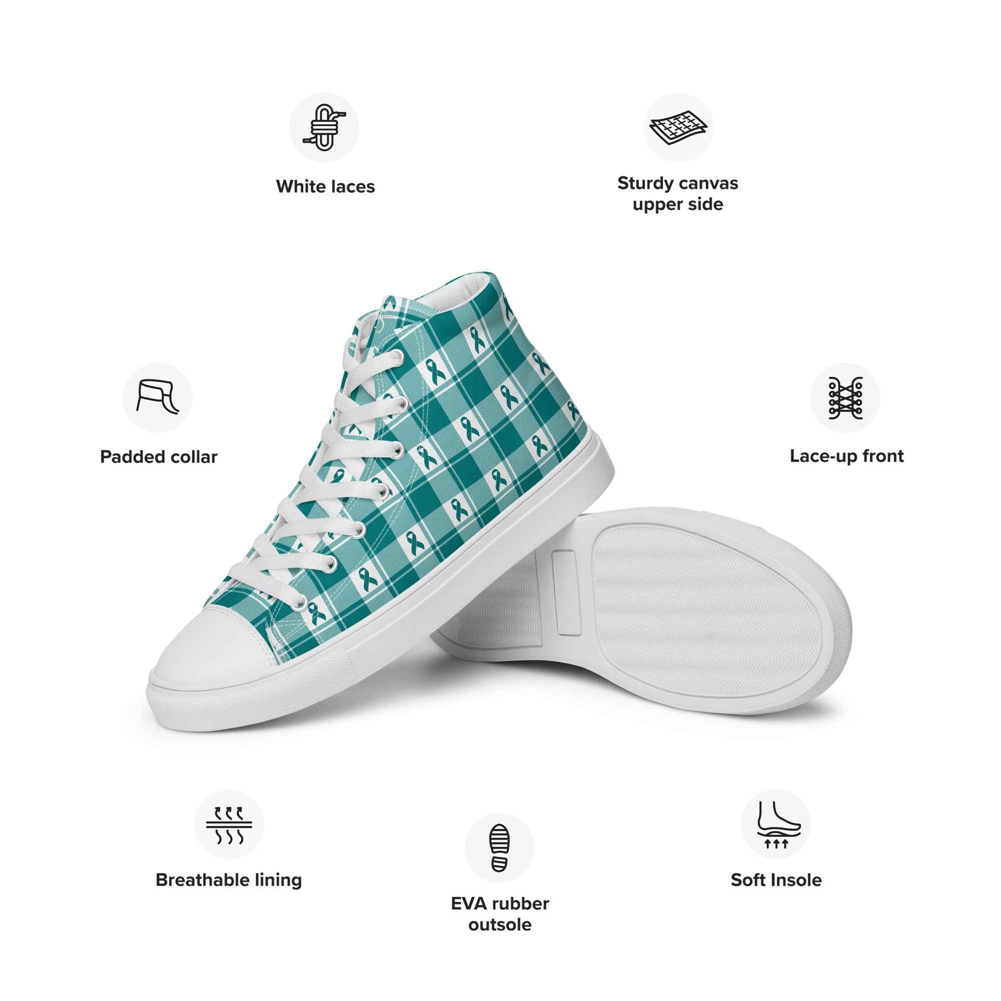 Men’s High Top Canvas Shoes Cervical Cancer Awareness Plaid, Teal Ribbon, Supportive Gift - Scottish Squares