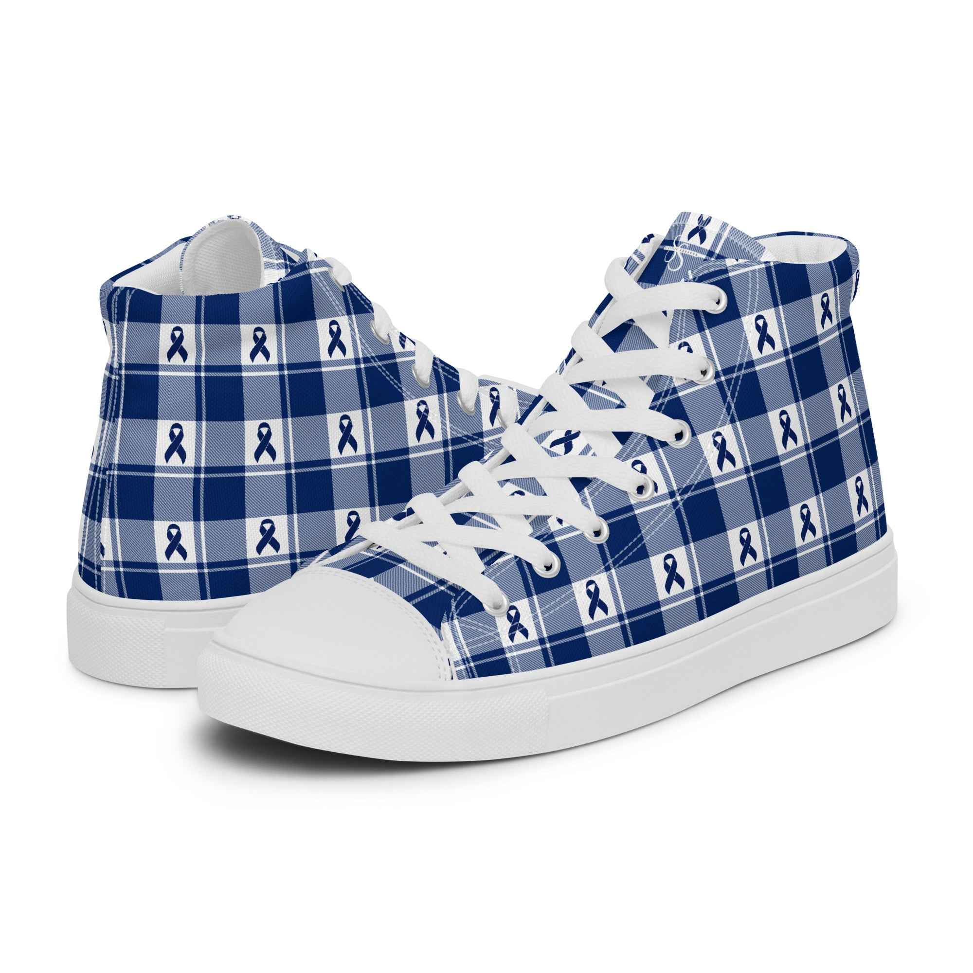 Men’s High Top Canvas Shoes Colorectal Cancer Awareness Plaid, Dark Blue Ribbon, Supportive Gift - Scottish Squares