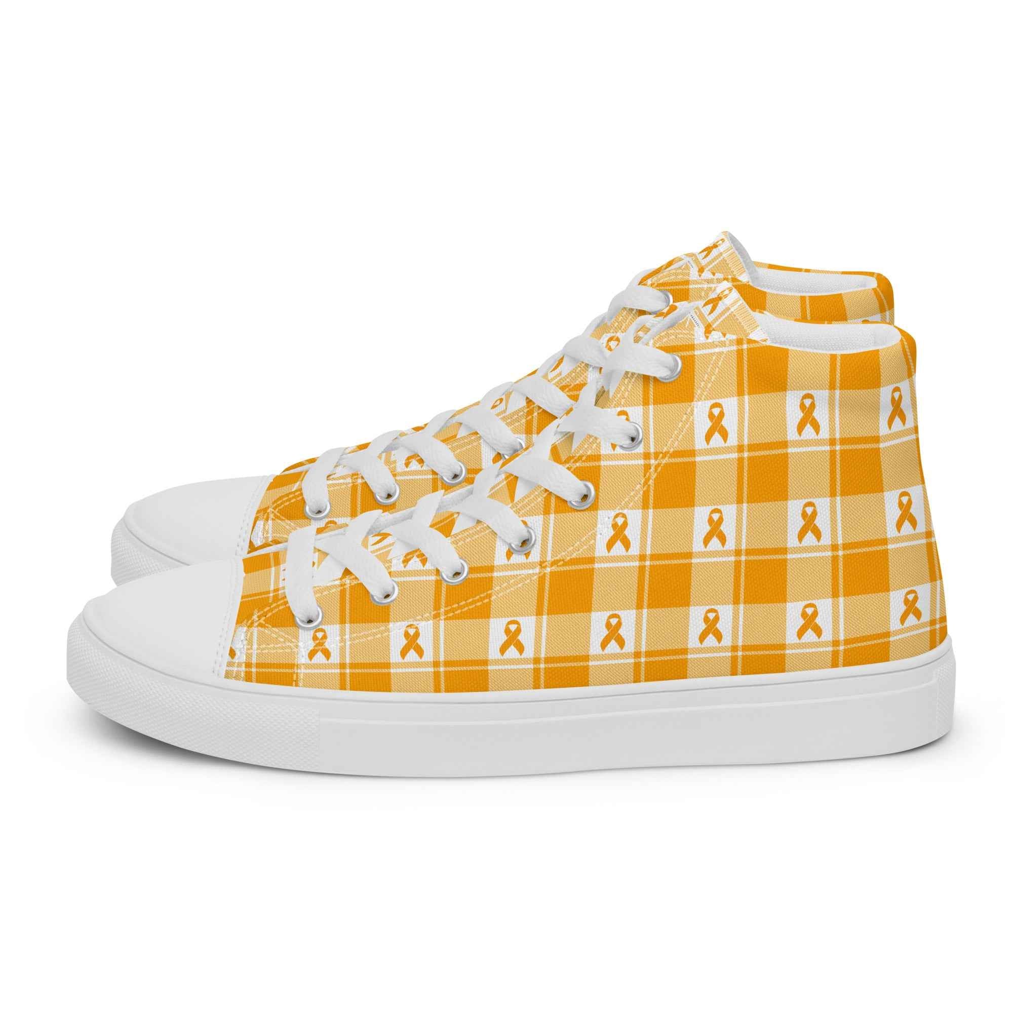 Men’s High Top Canvas Shoes Kidney Cancer Awareness Plaid, Orange Ribbon, Supportive Gift - Scottish Squares