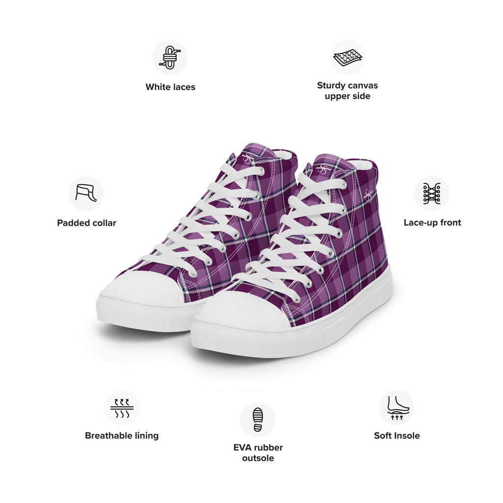 Men’s High Top Canvas Shoes Purple and Trendy Pink Plaid - Scottish Squares