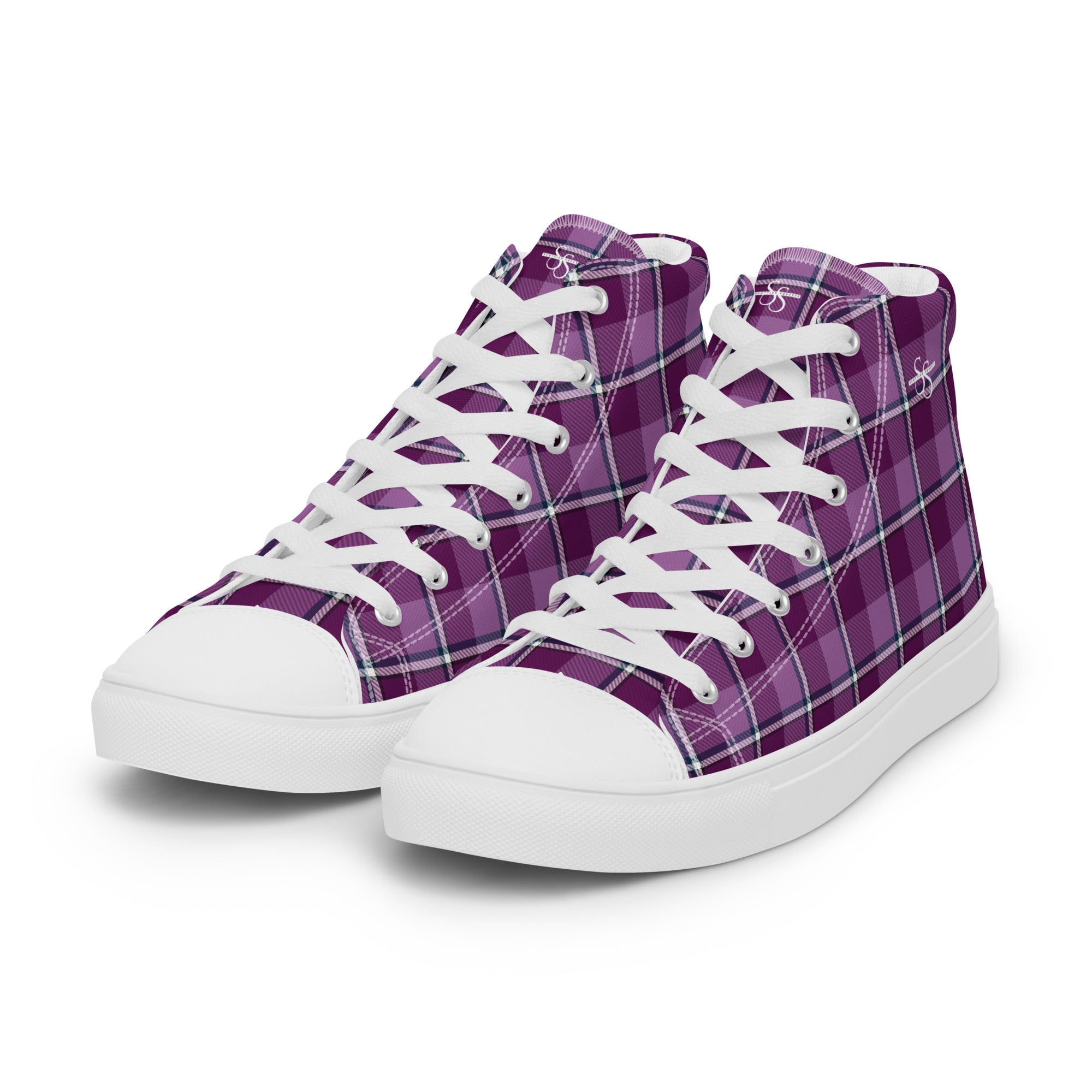 Men’s High Top Canvas Shoes Purple and Trendy Pink Plaid - Scottish Squares