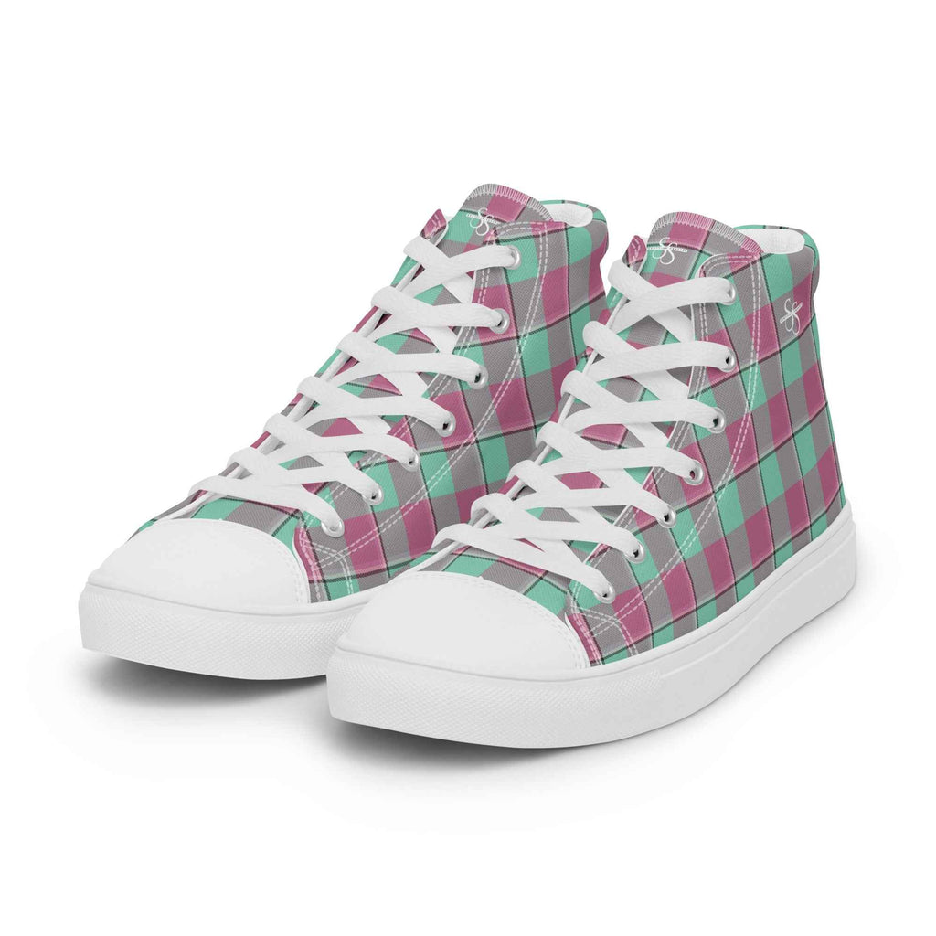 Men’s High Top Canvas Shoes Vista Blue and Turkish Rose Plaid - Scottish Squares