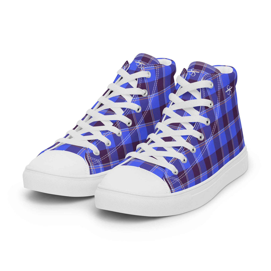 Men’s High Top Canvas Shoes Cornflower Blue and Livid Brown Plaid - Scottish Squares