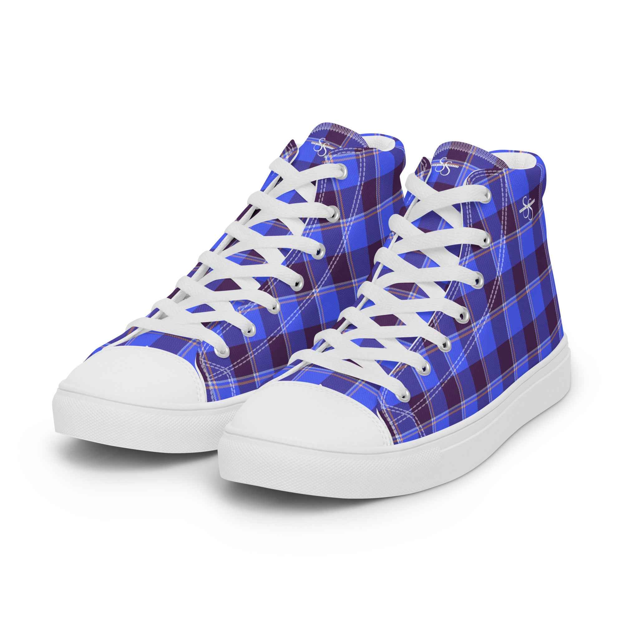 Men’s High Top Canvas Shoes Cornflower Blue and Livid Brown Plaid - Scottish Squares