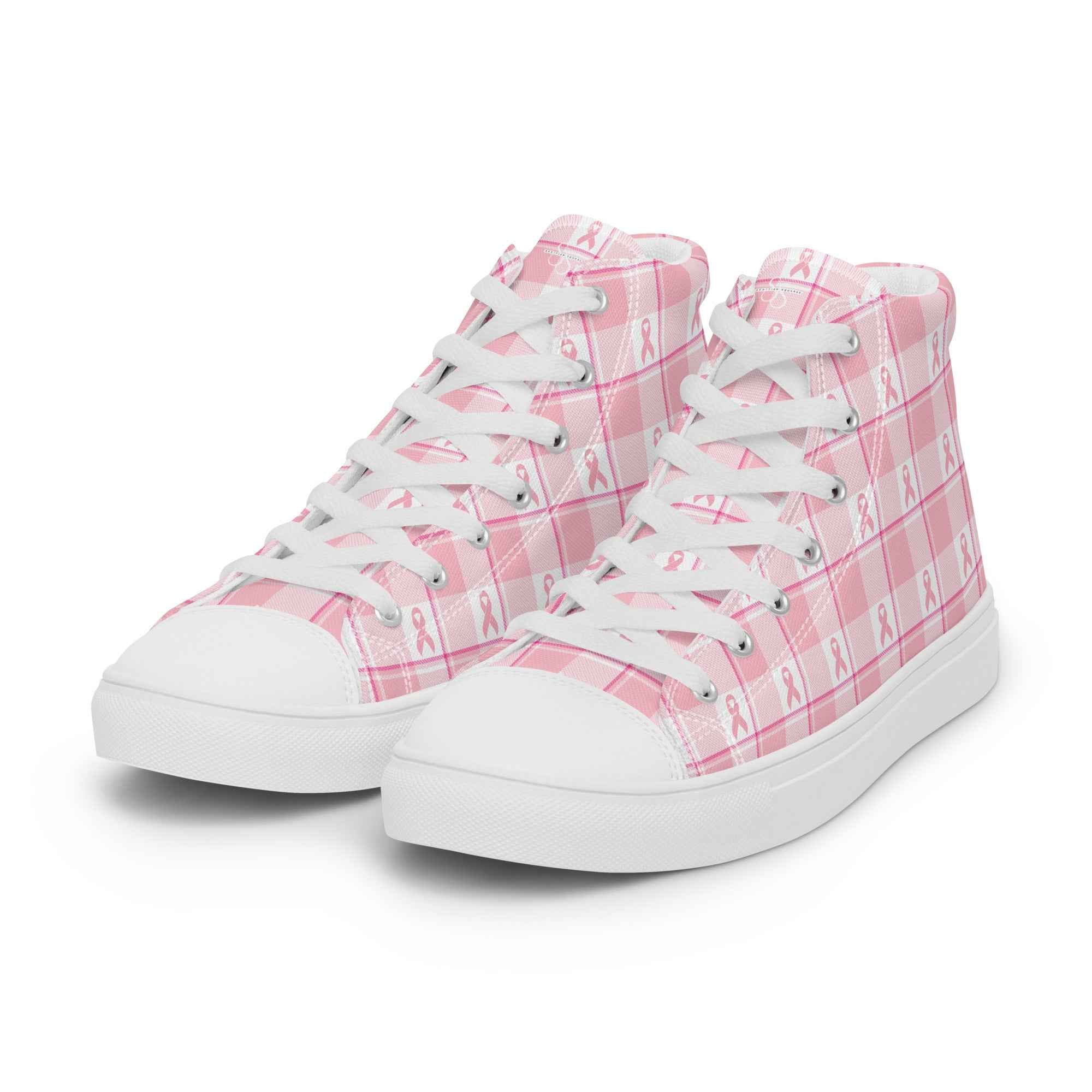 Men’s High Top Canvas Shoes Breast Cancer Awareness Plaid - Scottish Squares