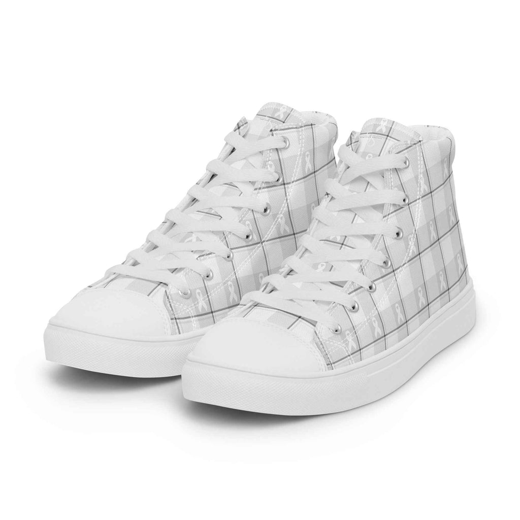 Men’s High Top Canvas Shoes Lung Cancer Awareness Plaid, White Ribbon, Supportive Gift - Scottish Squares