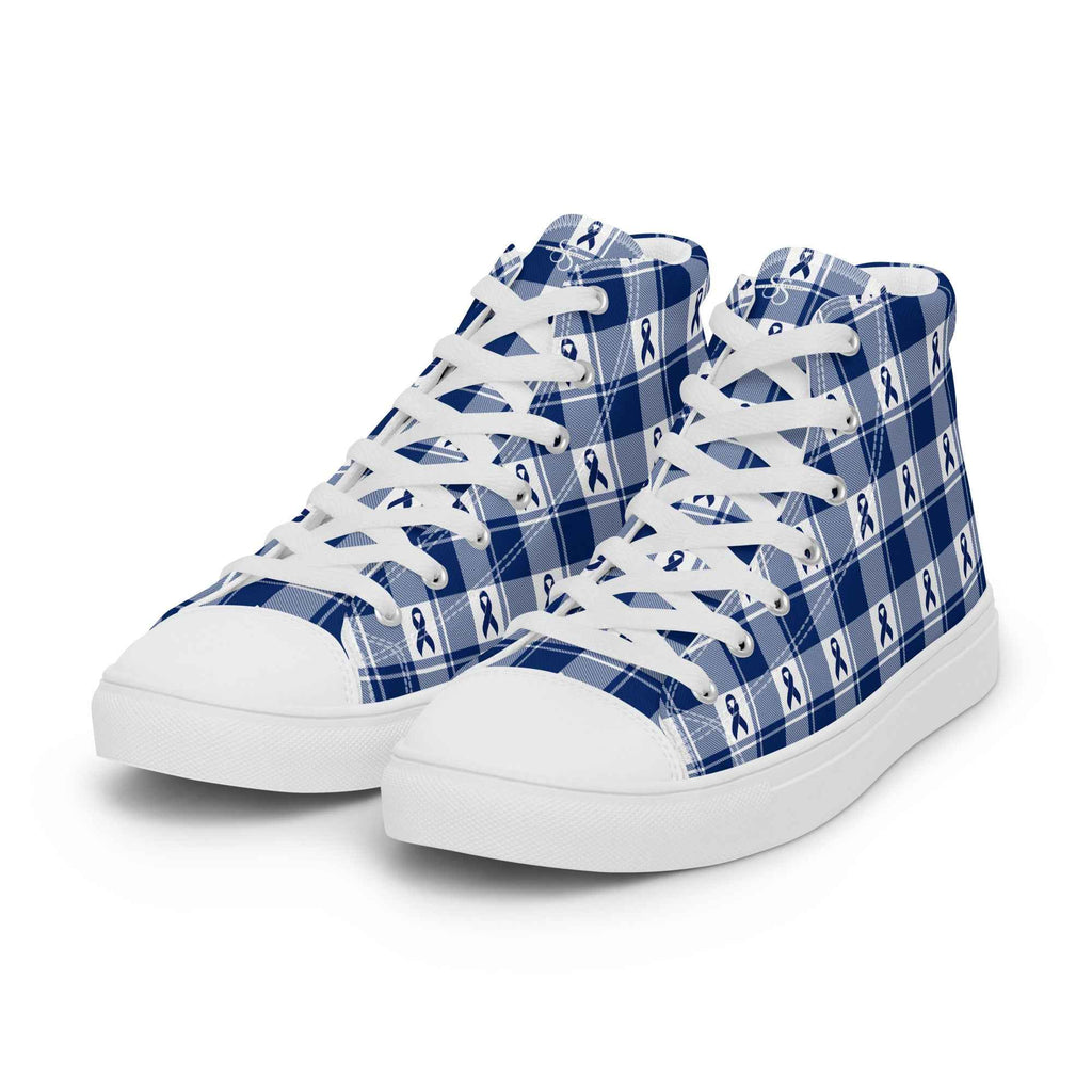 Men’s High Top Canvas Shoes Colorectal Cancer Awareness Plaid, Dark Blue Ribbon, Supportive Gift - Scottish Squares