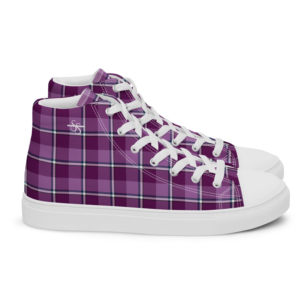 Men’s High Top Canvas Shoes Purple and Trendy Pink Plaid - Scottish Squares