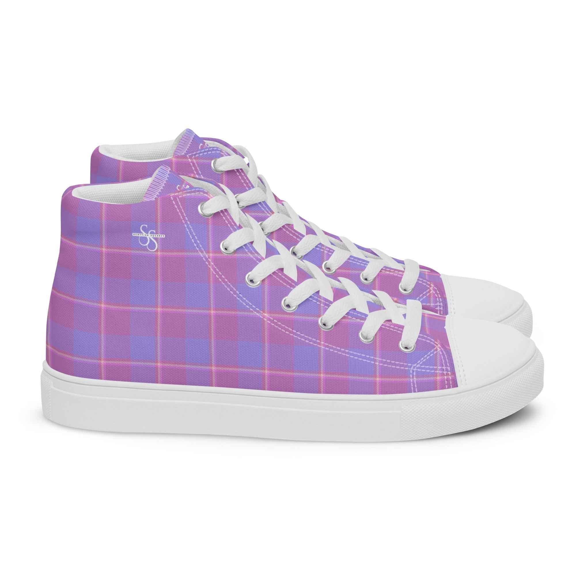 Men’s High Top Canvas Shoes Viola and Dull Lavender Plaid 13 - Scottish Squares