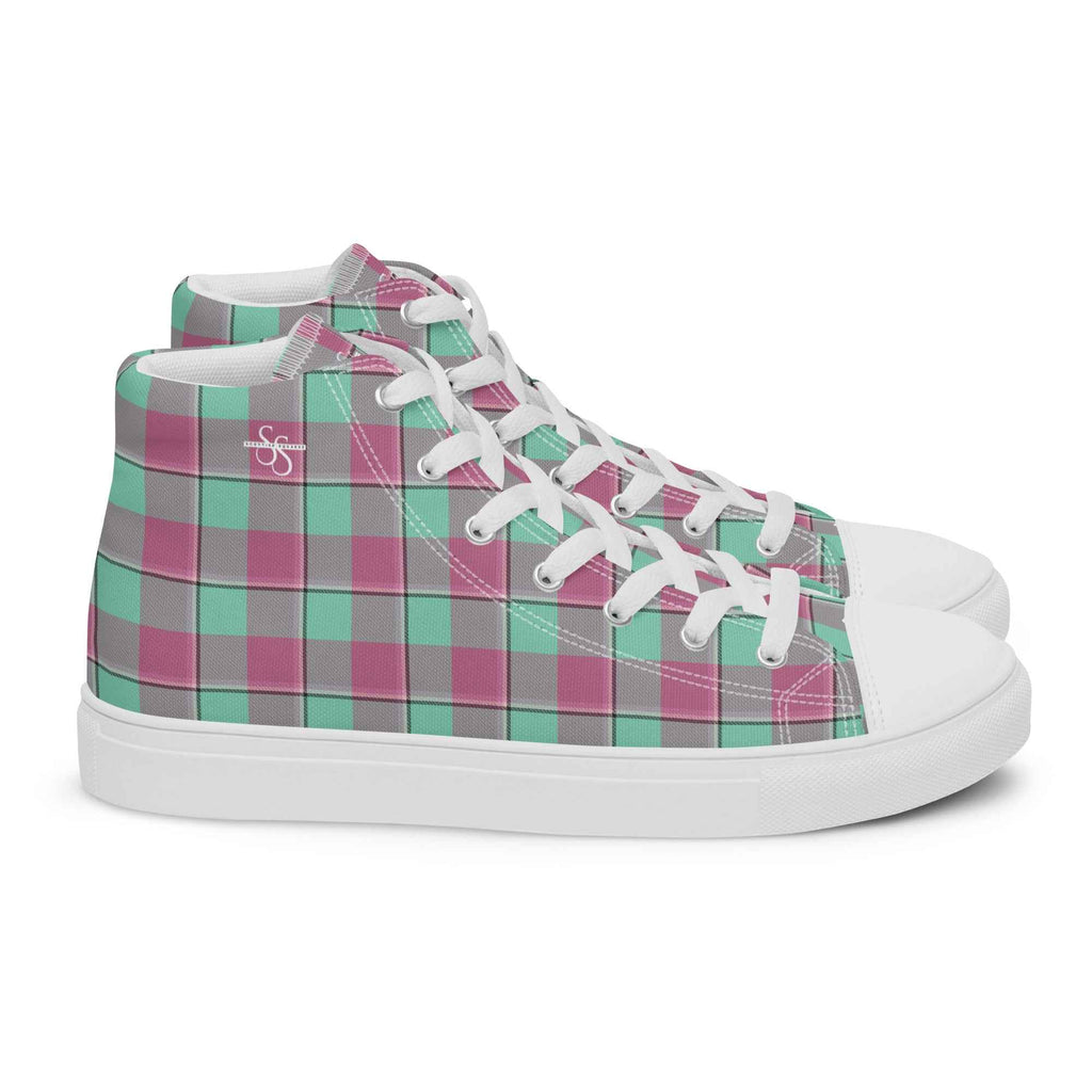 Men’s High Top Canvas Shoes Vista Blue and Turkish Rose Plaid 13 - Scottish Squares