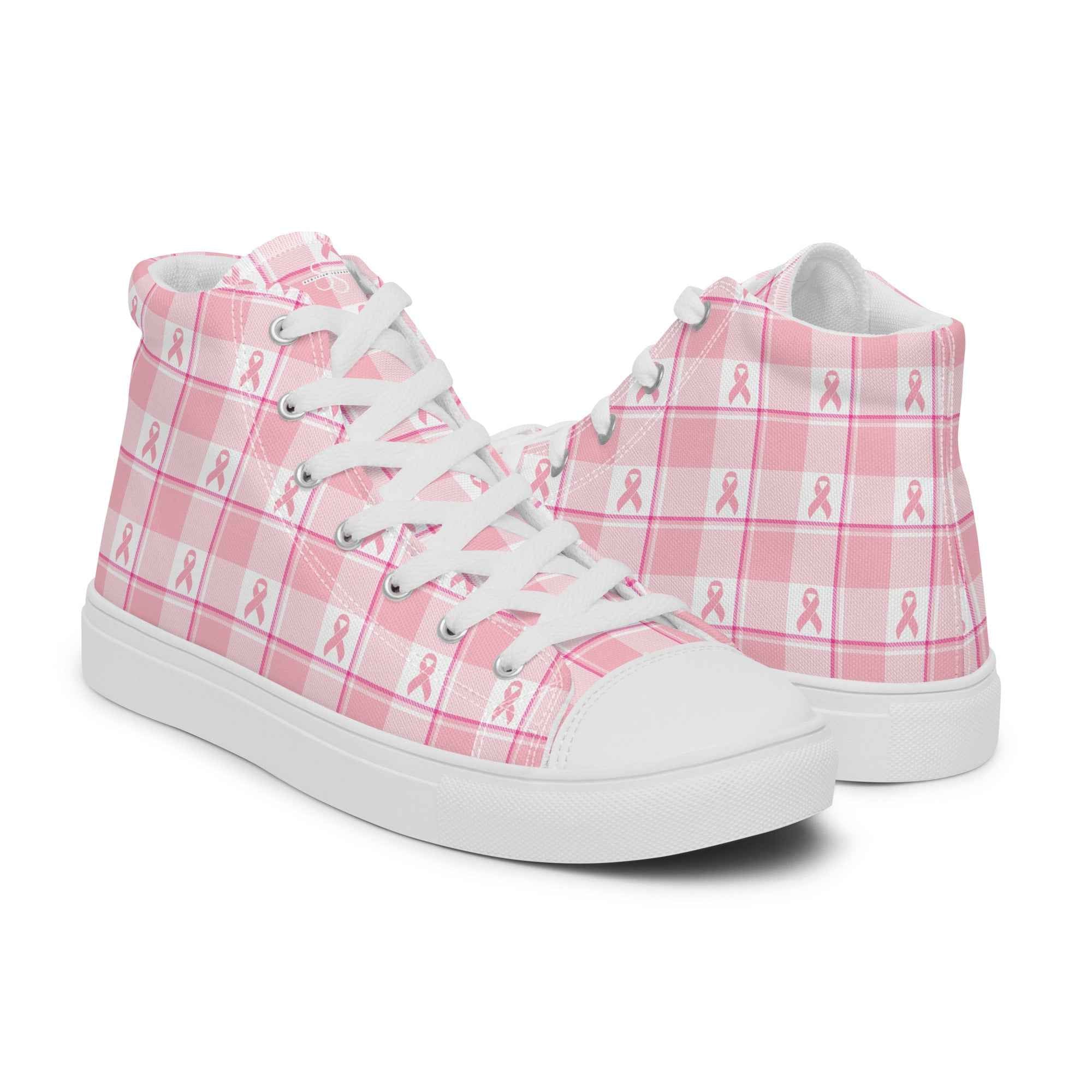 Men’s High Top Canvas Shoes Breast Cancer Awareness Plaid - Scottish Squares