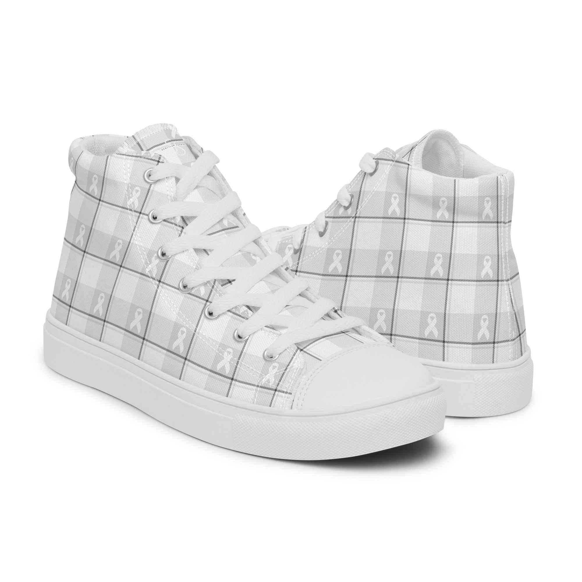 Men’s High Top Canvas Shoes Lung Cancer Awareness Plaid, White Ribbon, Supportive Gift - Scottish Squares