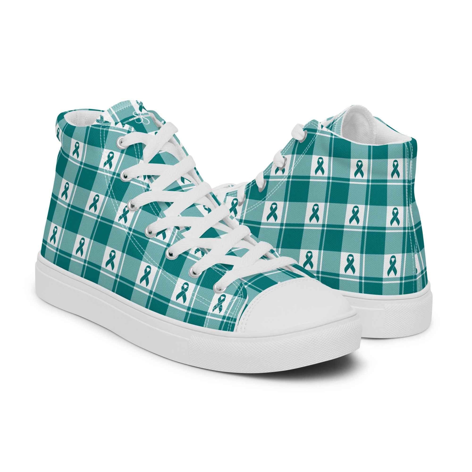 Men’s High Top Canvas Shoes Cervical Cancer Awareness Plaid, Teal Ribbon, Supportive Gift - Scottish Squares