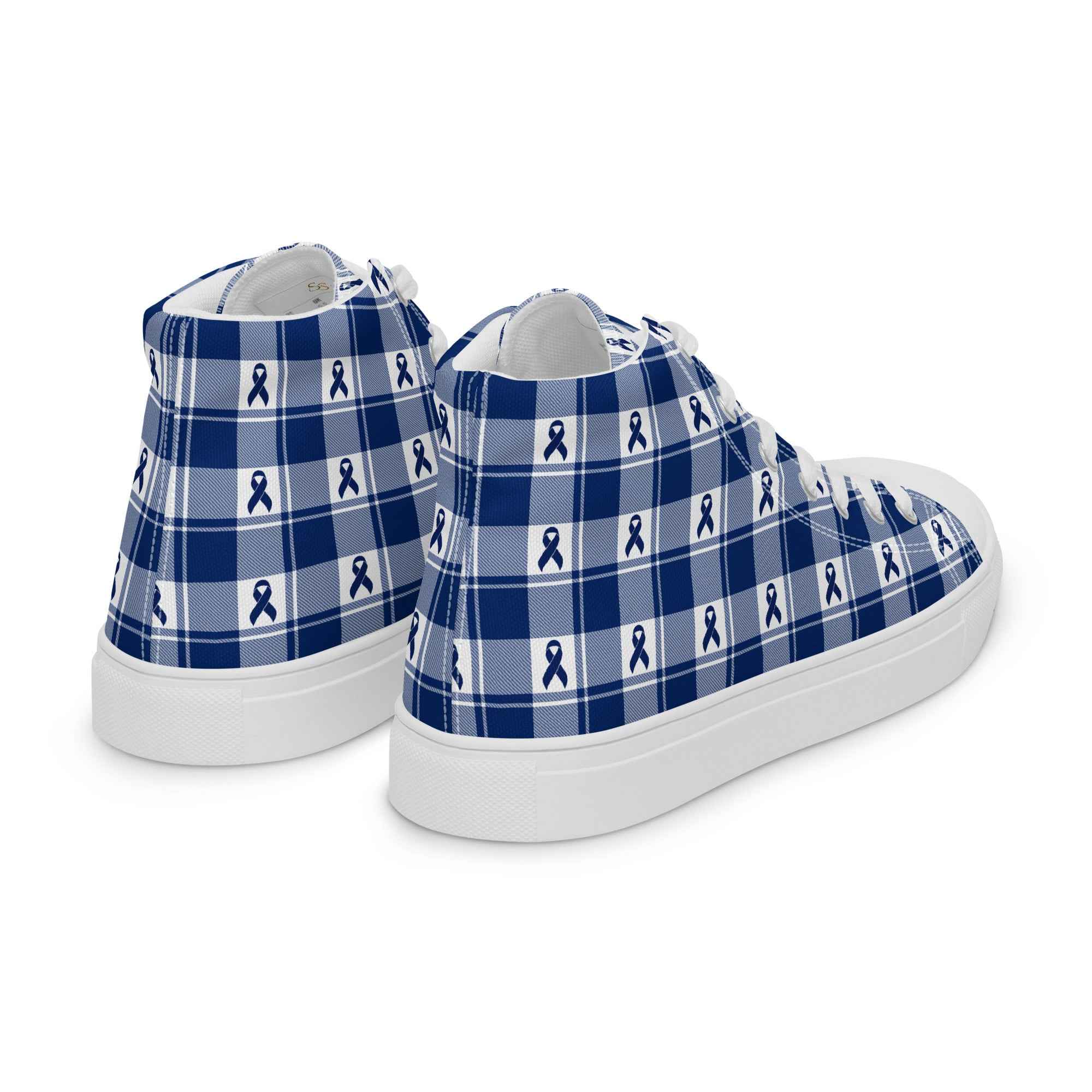 Men’s High Top Canvas Shoes Colorectal Cancer Awareness Plaid, Dark Blue Ribbon, Supportive Gift - Scottish Squares