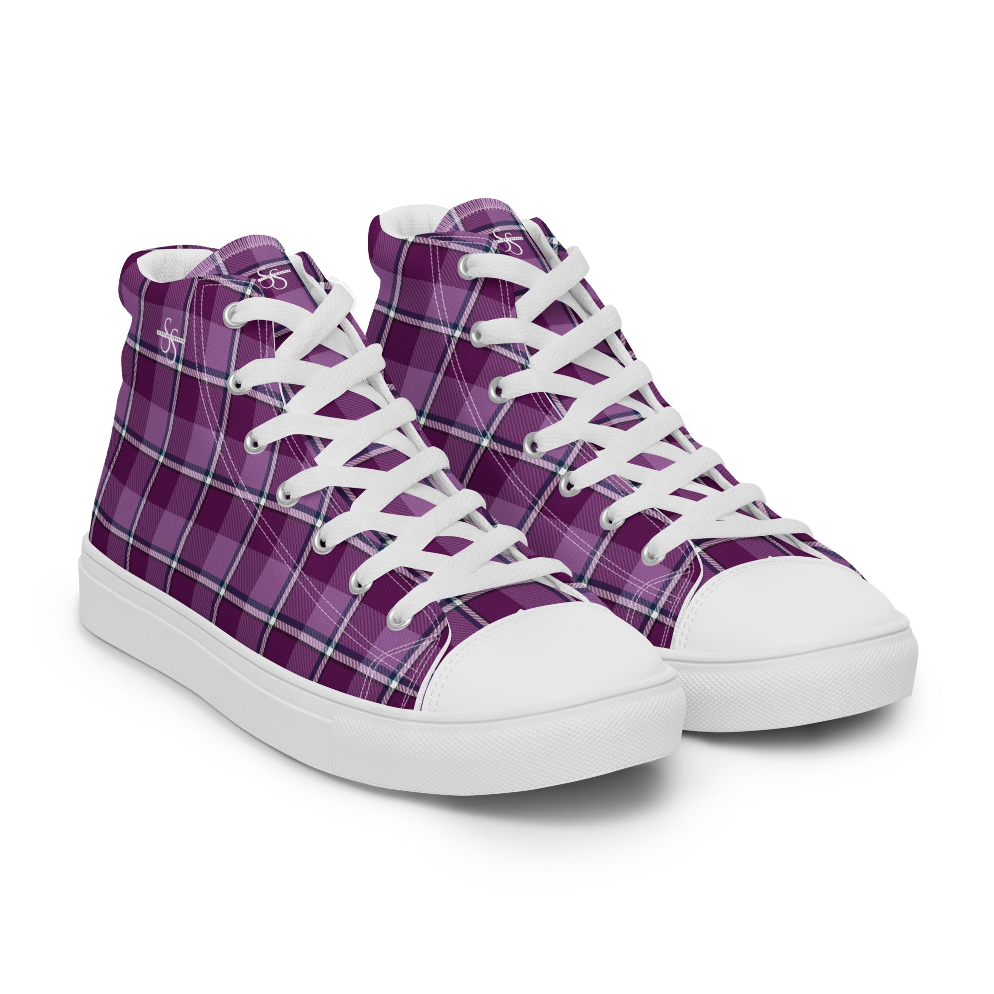 Men’s High Top Canvas Shoes Purple and Trendy Pink Plaid - Scottish Squares
