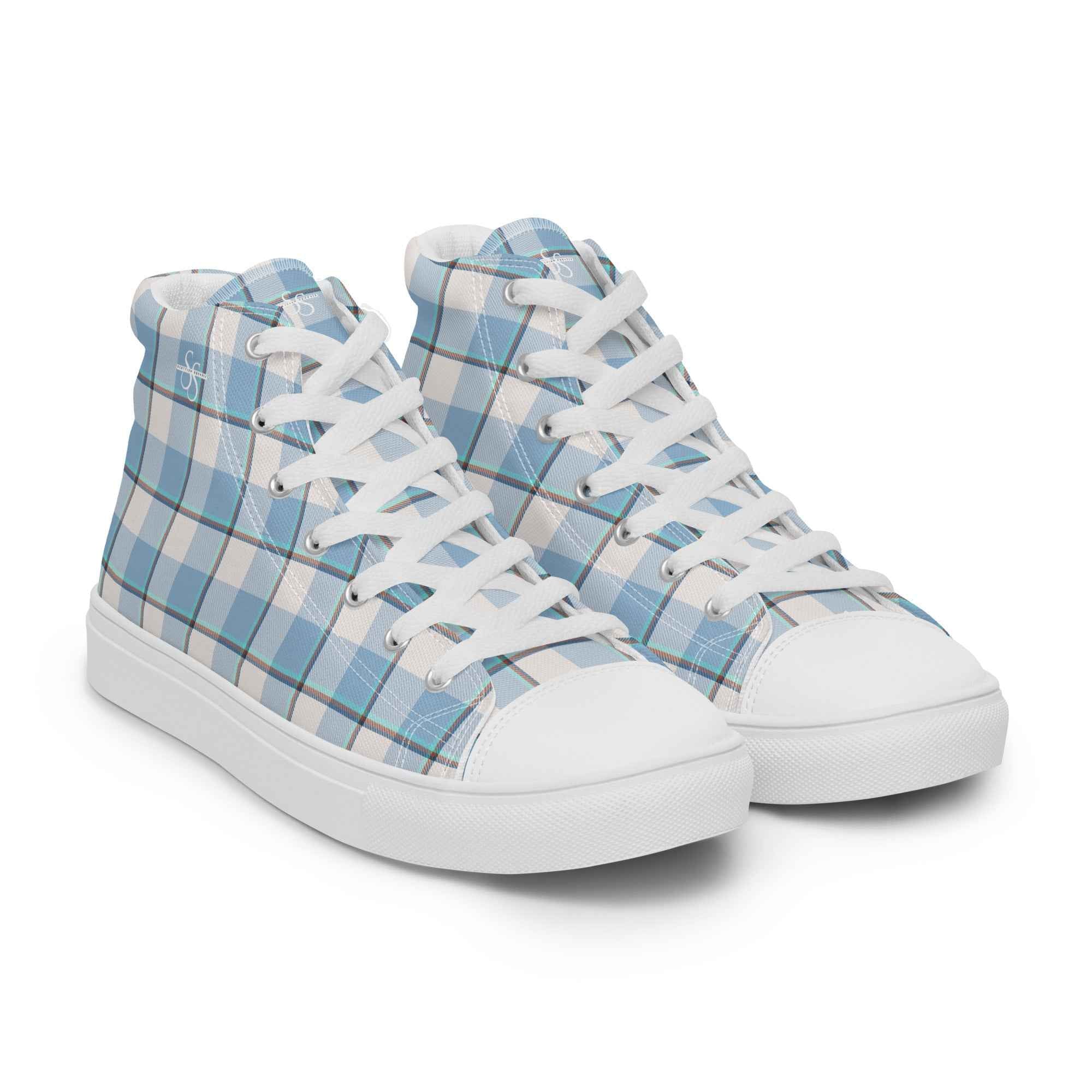 Men’s High Top Canvas Shoes Pink Cloud and Blue Lagoon Plaid - Scottish Squares