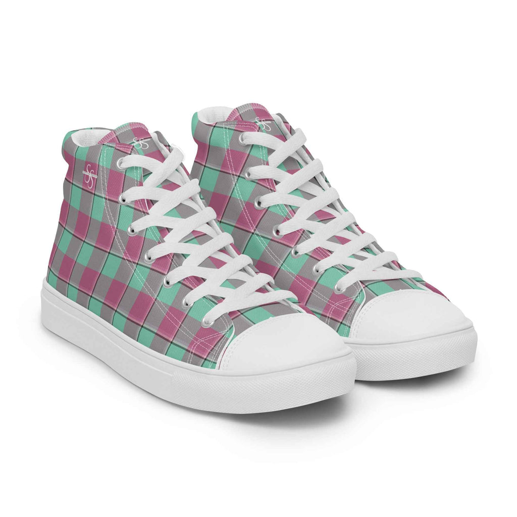 Men’s High Top Canvas Shoes Vista Blue and Turkish Rose Plaid - Scottish Squares