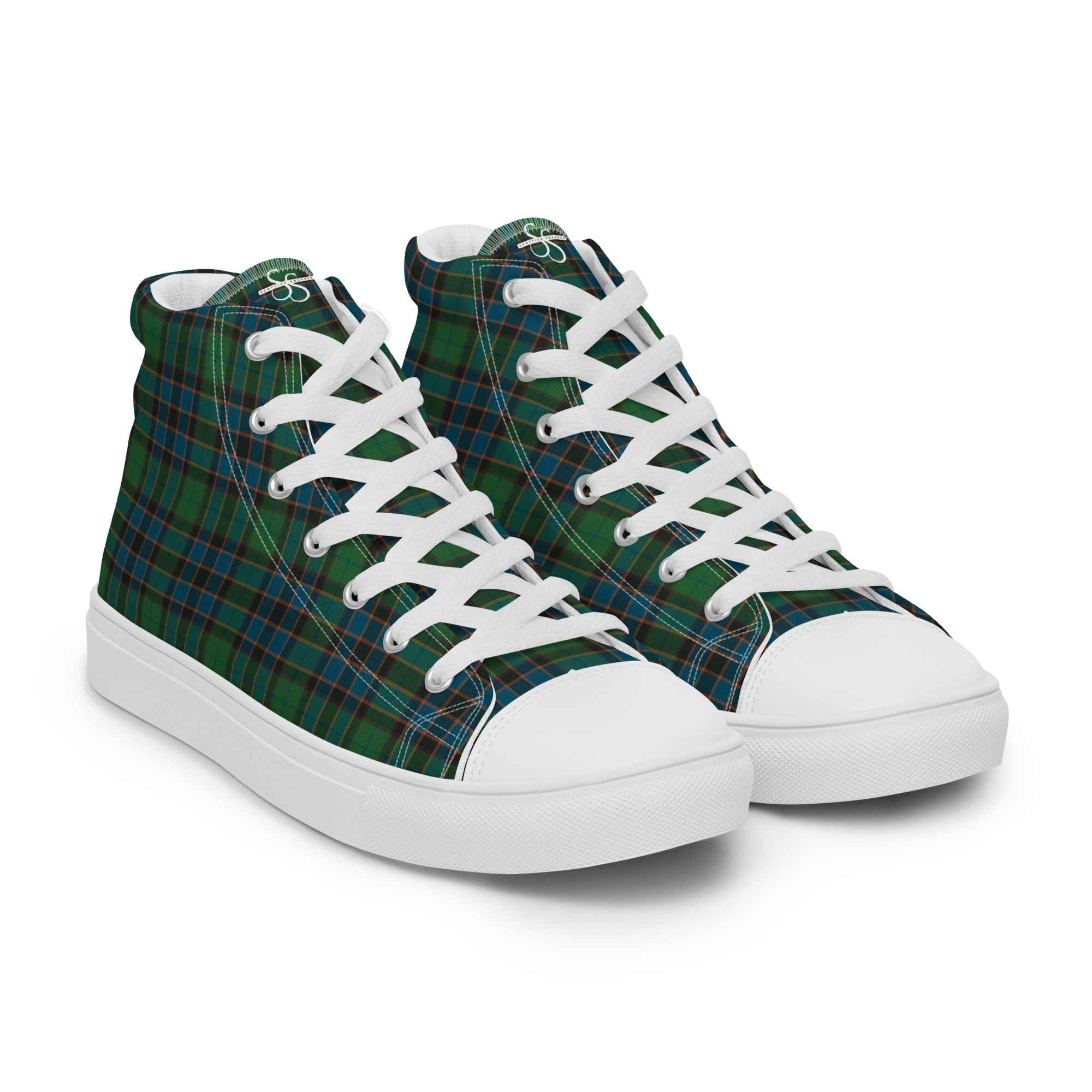 Men’s High Top Canvas Shoes Green Blue Orange Plaid Tartan