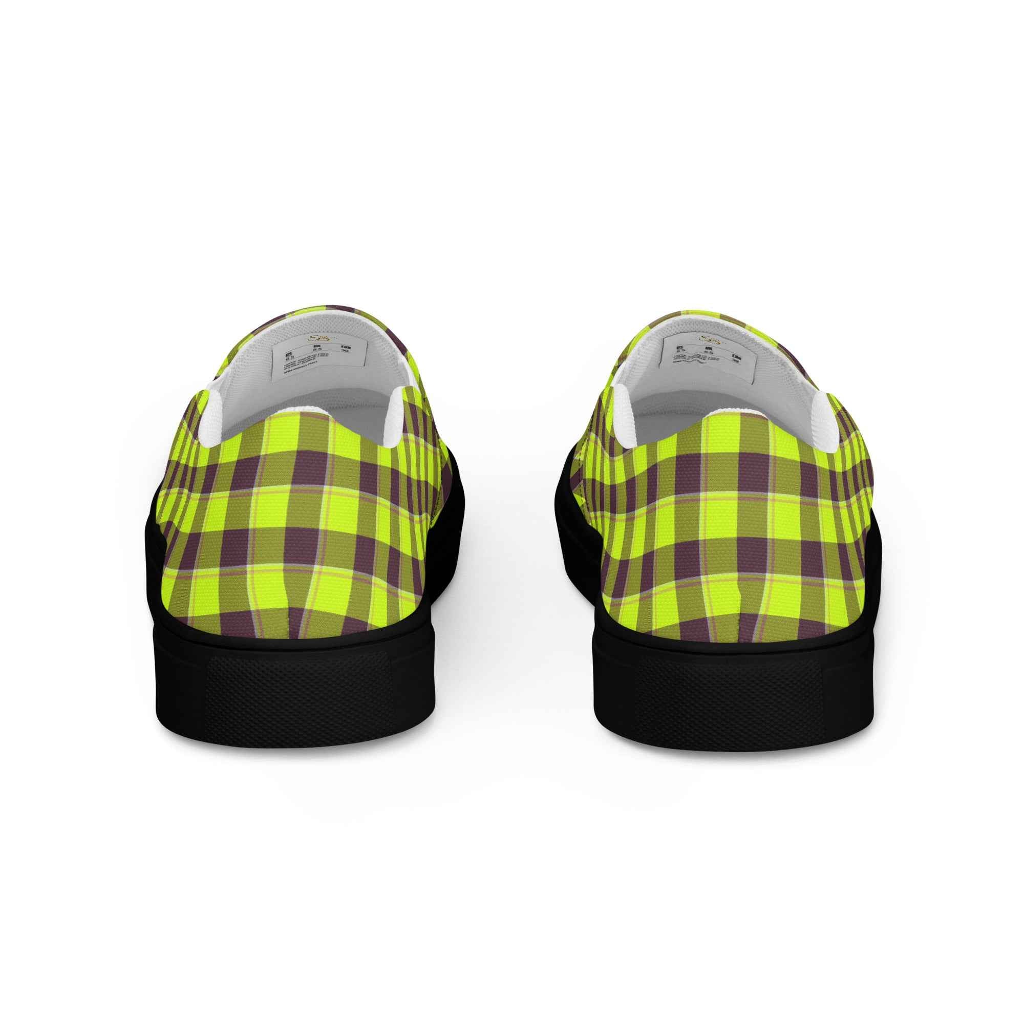 Men’s Slip-On Canvas Shoes Electric Lime and Livid Brown Plaid - Scottish Squares