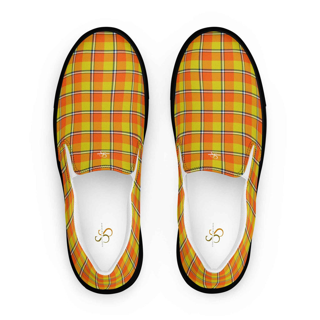 Men’s Slip-On Canvas Shoes Blaze Orange and Bird Flower Plaid 13 - Scottish Squares
