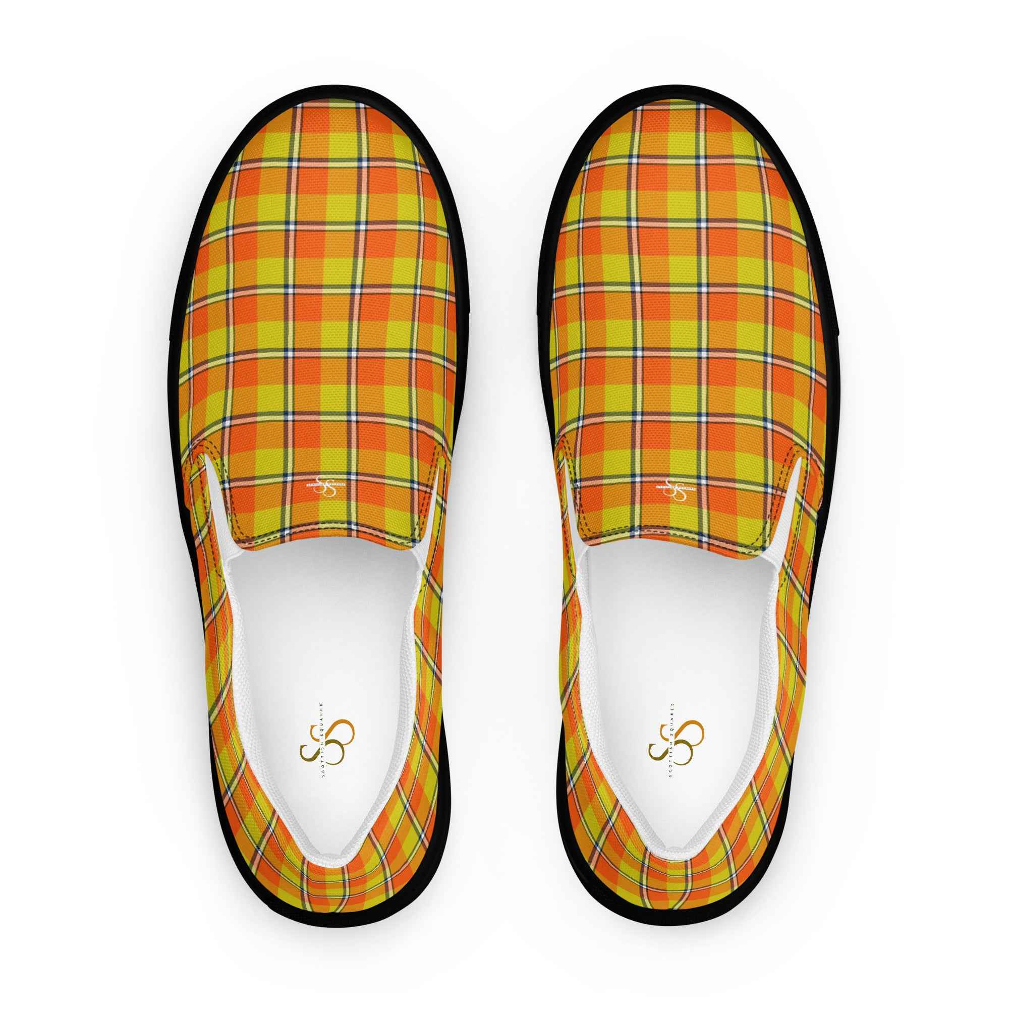 Men’s Slip-On Canvas Shoes Blaze Orange and Bird Flower Plaid 13 - Scottish Squares