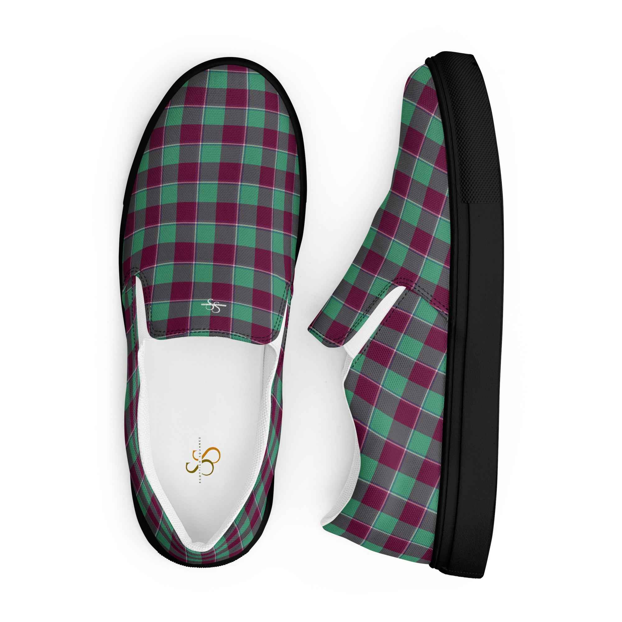Men’s Slip-On Canvas Shoes Ocean Green and Mulberry Wood Plaid - Scottish Squares