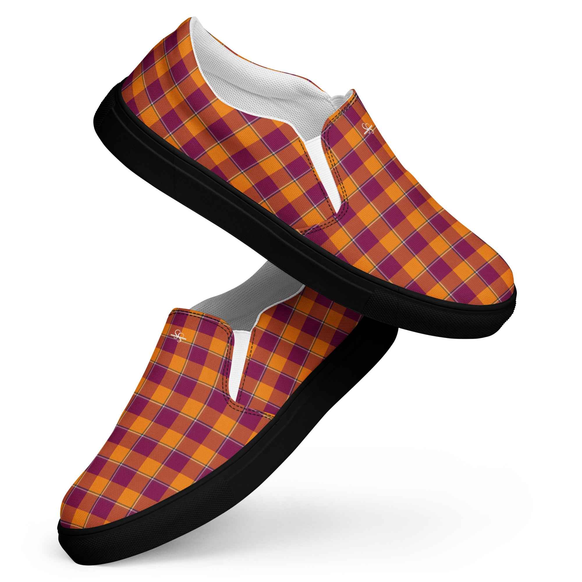 Men’s Slip-On Canvas Shoes Tahiti Gold and Rose Bud Cherry Plaid - Scottish Squares