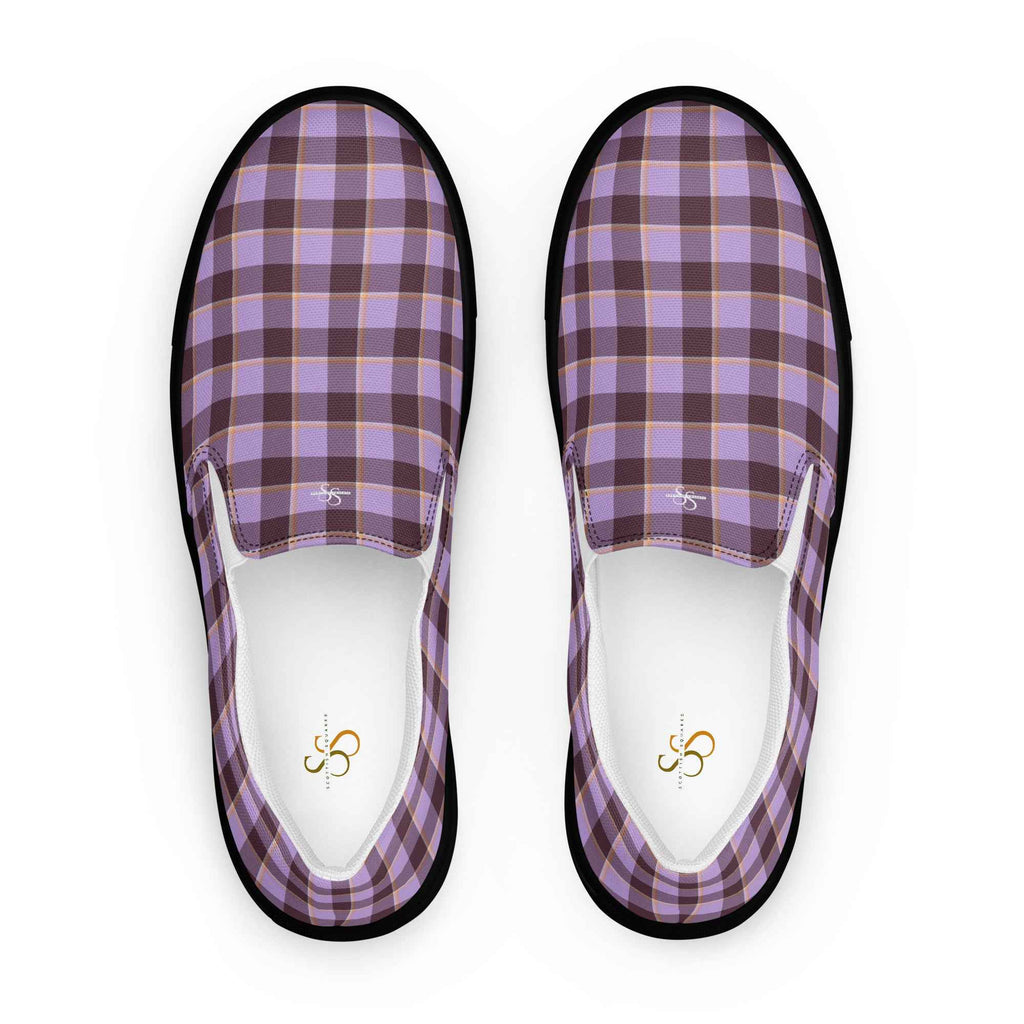 Men’s Slip-On Canvas Shoes Light Wisteria and Livid Brown Plaid 13 - Scottish Squares