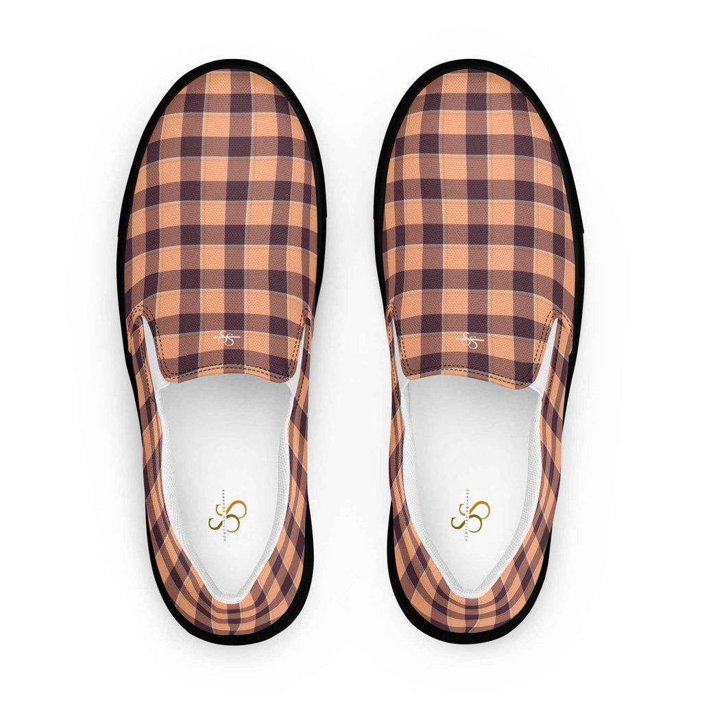 Men’s Slip-On Canvas Shoes Hit Pink and Livid Brown Plaid 13 - Scottish Squares
