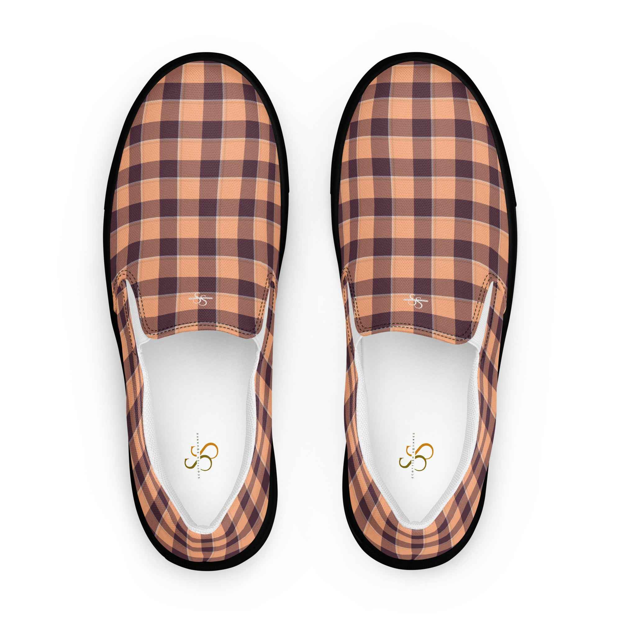 Men’s Slip-On Canvas Shoes Hit Pink and Livid Brown Plaid 13 - Scottish Squares