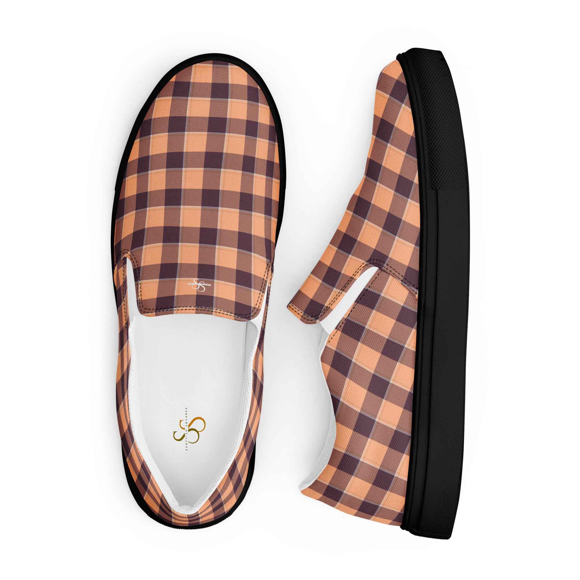 Men’s Slip-On Canvas Shoes Hit Pink and Livid Brown Plaid - Scottish Squares
